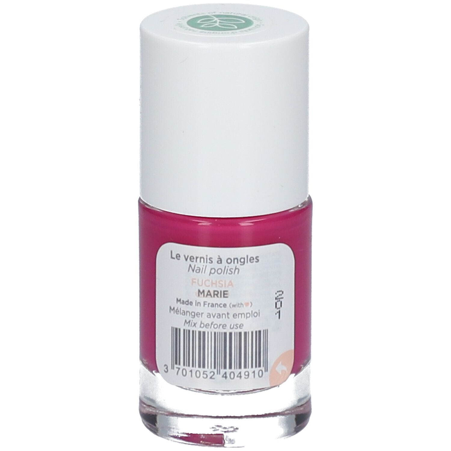 Flacon de vernis à ongles rose fuchsia avec bouchon blanc. Étiquette avec "Le vernis à ongles" et "FUSCHIA MARIE". Code-barres. 10ml.