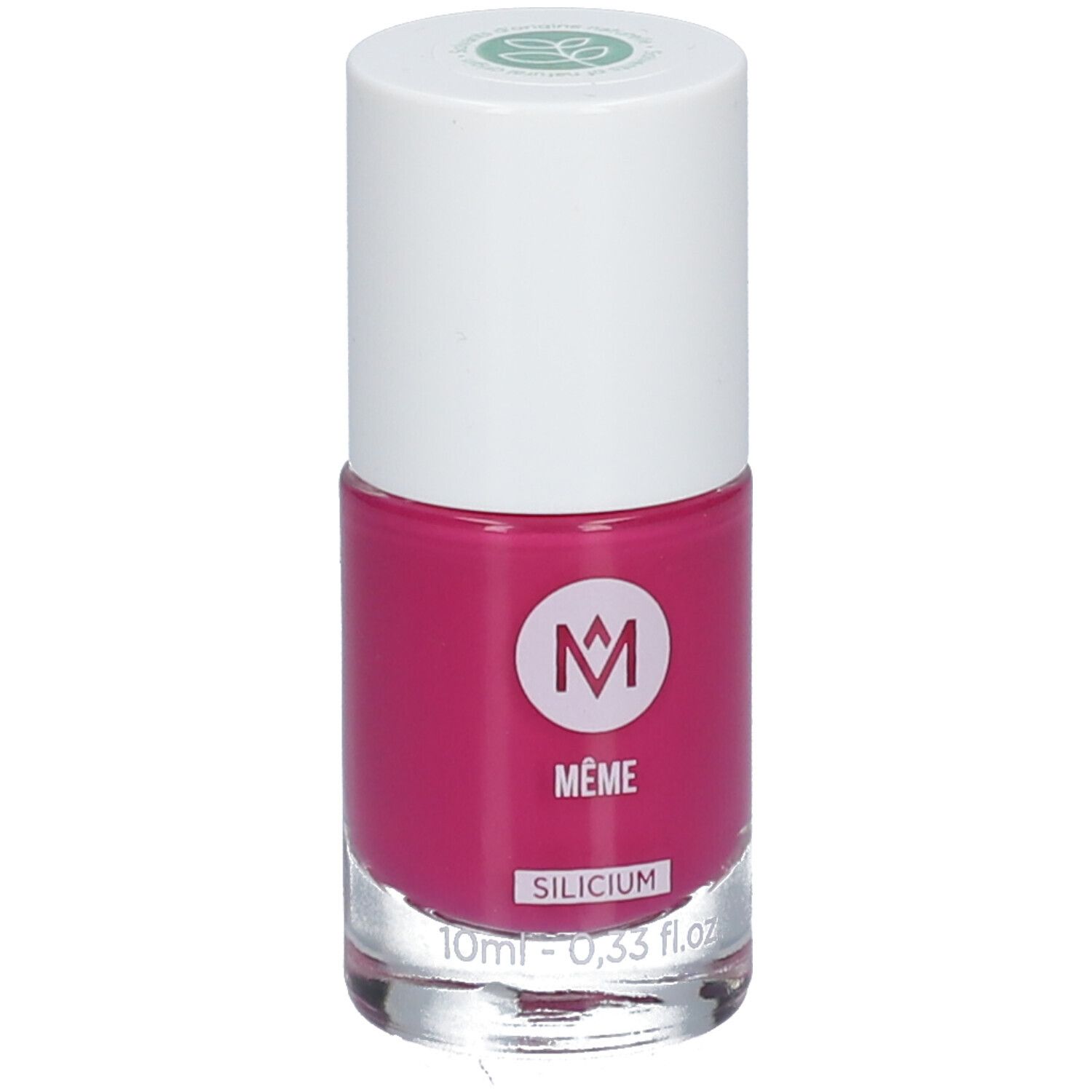 Flacon de vernis à ongles rose fuchsia avec bouchon blanc. Le logo "MÊME" et "SILICIUM" sont visibles. Contenance: 10ml.