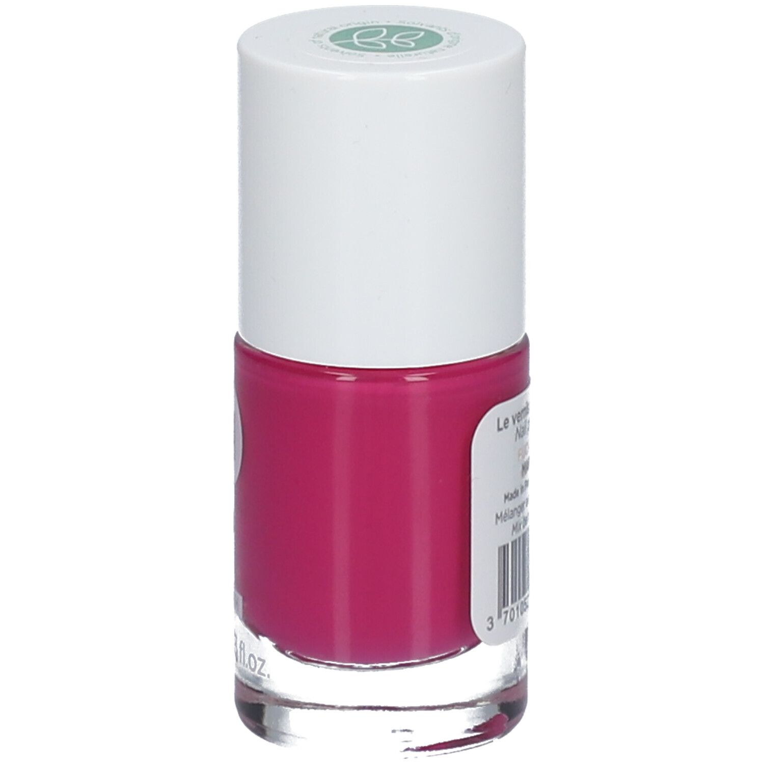 Flacon de vernis à ongles rose fuchsia avec bouchon blanc. Étiquette avec informations et code-barres. Contenu: 10ml.