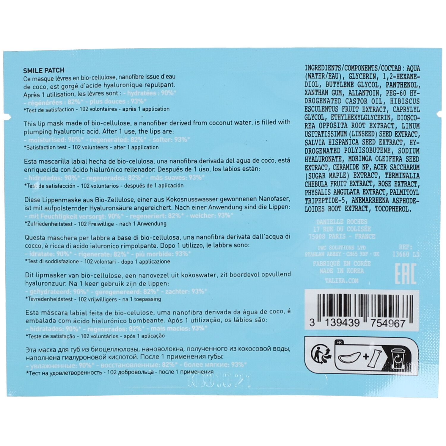 Rückseite der Talika Smile Patch Verpackung. Text in mehreren Sprachen, Inhaltsstoffe und Barcode.
