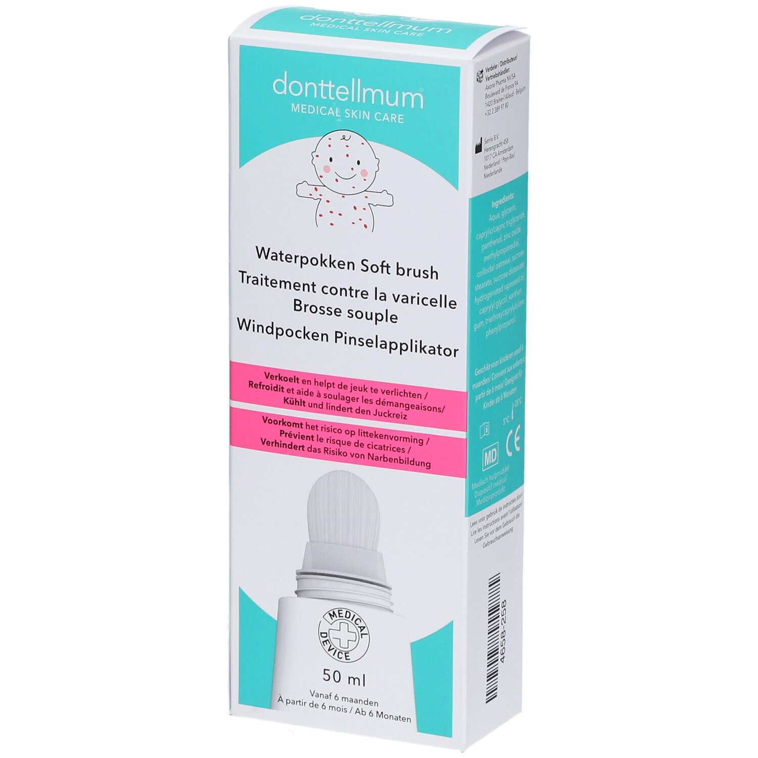 Emballage de donttellmum Brosse Douce Varicelle. Contient un applicateur pinceau. Inscription : 50 ml.