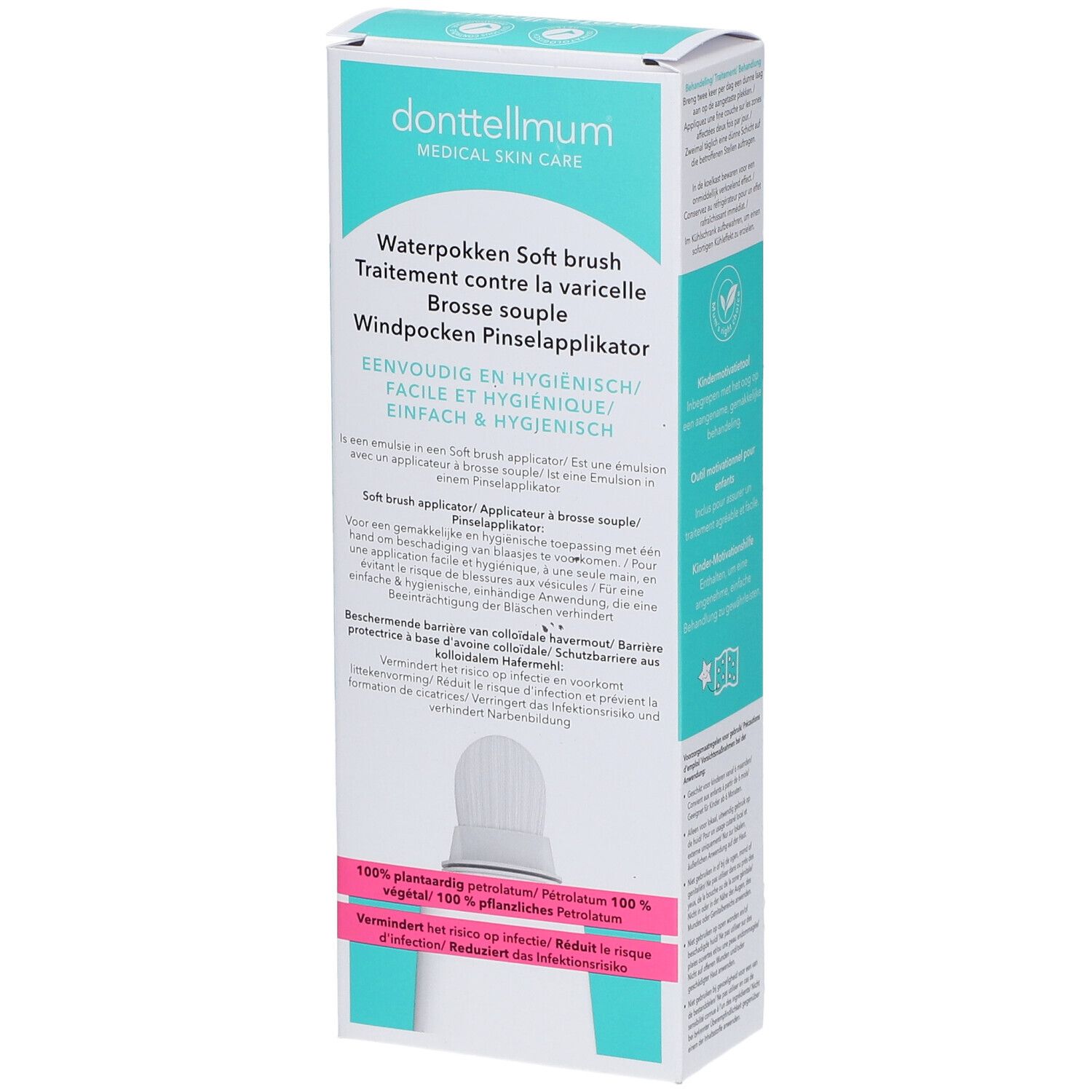 Emballage de donttellmum Brosse Douce Varicelle. Texte multilingue. Contient un applicateur pinceau.