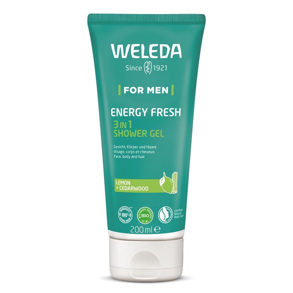 Groene tube met witte dop. Opschrift: WELEDA, FOR MEN, ENERGY FRESH 3in1 Duschgel. Met bio-keurmerken en 100% gecertificeerde natuurlijke cosmetica.