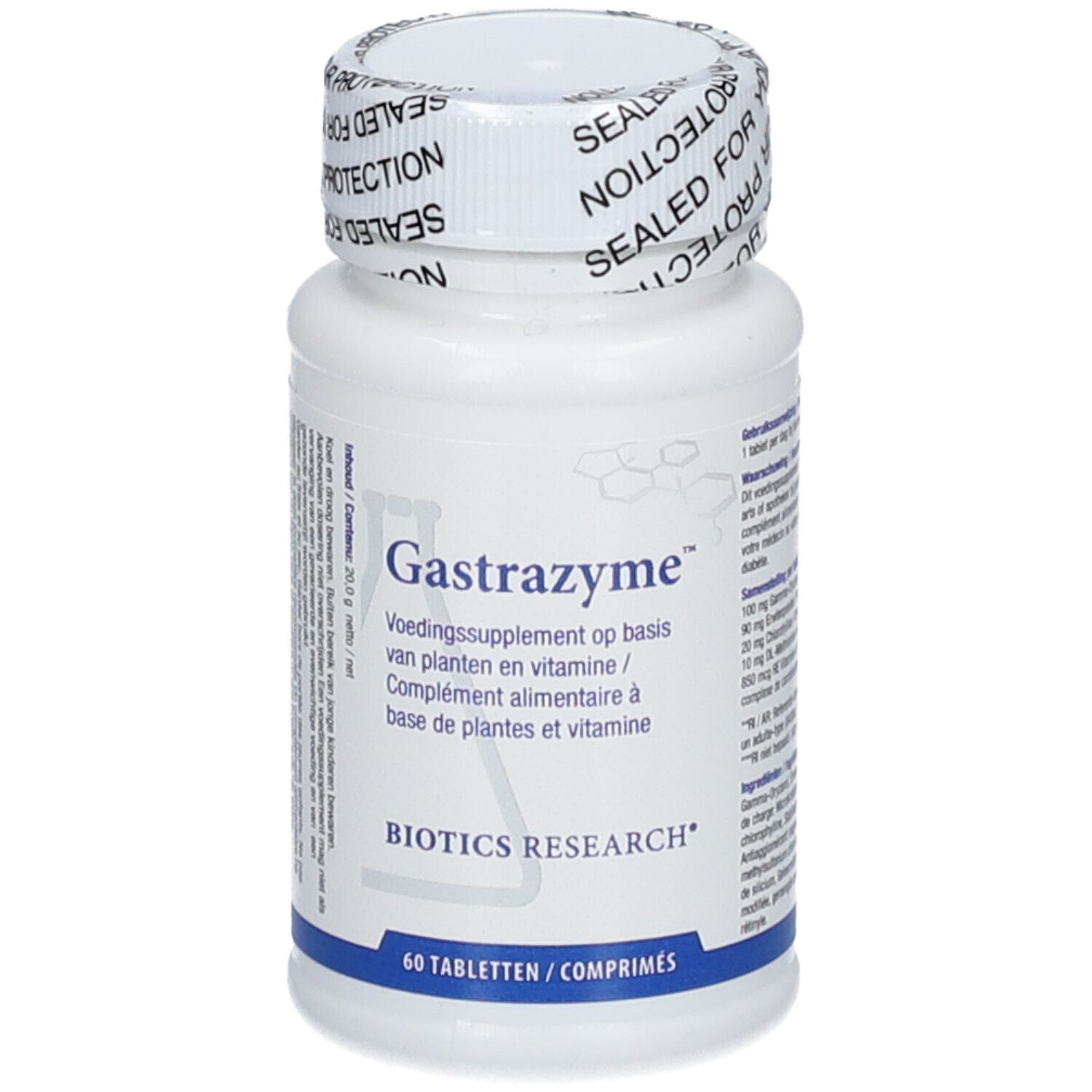 Flacon blanc avec étiquette "Gastrazyme". 60 comprimés. Logo Biotics Research. Bouchon "SEALED FOR PROTECTION".