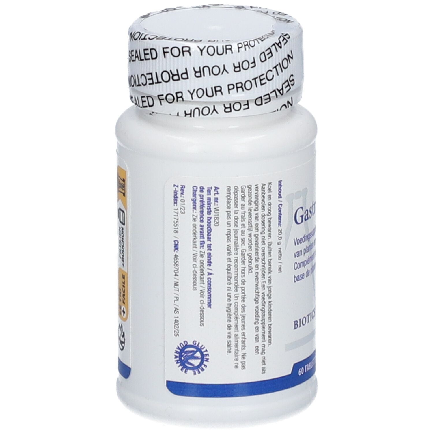 Flacon blanc avec étiquette. "Gastrazyme" et "Biotics Research" visibles. 60 comprimés. Bouchon "SEALED FOR YOUR PROTECTION".