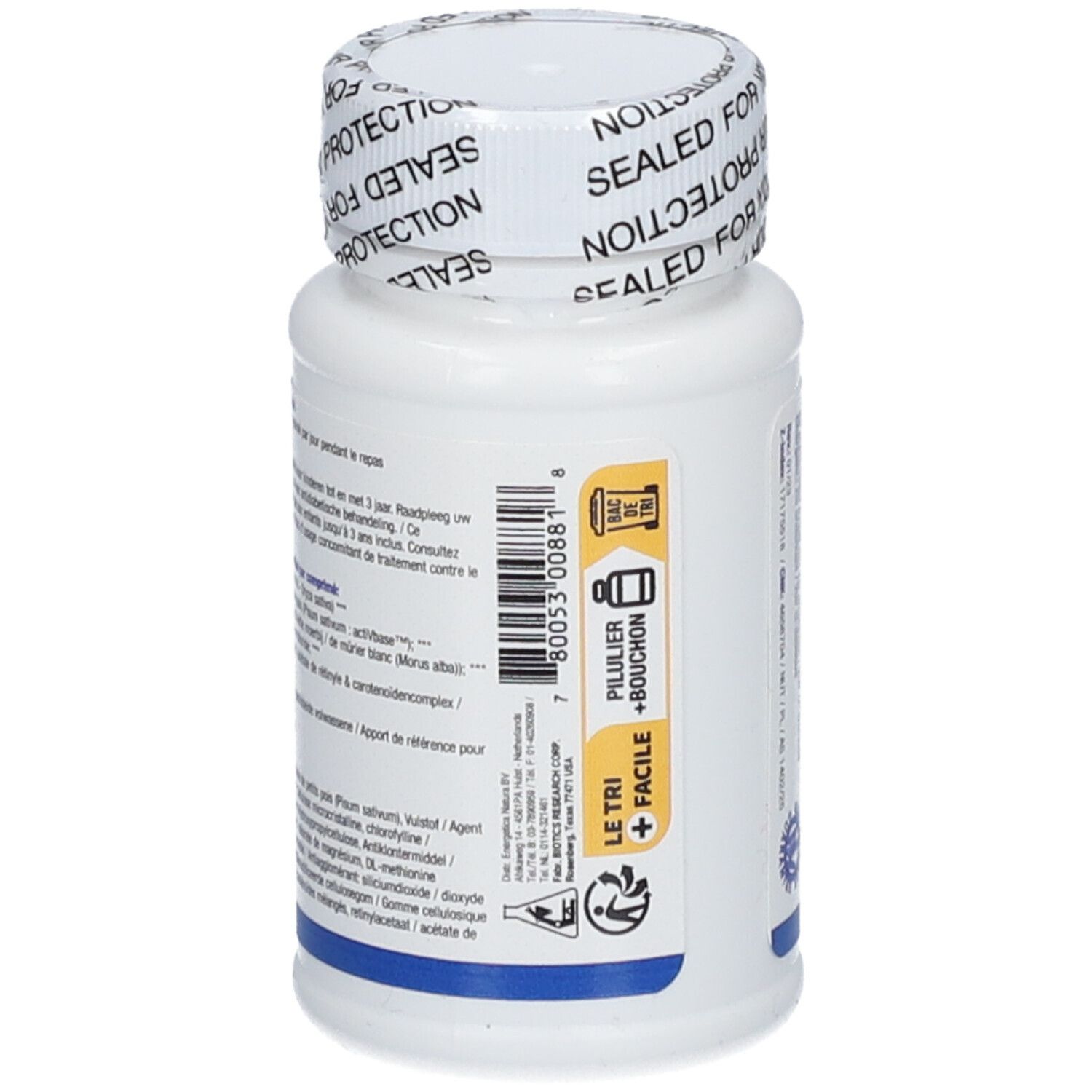 Flacon blanc avec étiquette. Code-barres et symboles de recyclage. "Gastrazyme" et "Biotics Research" non visibles.