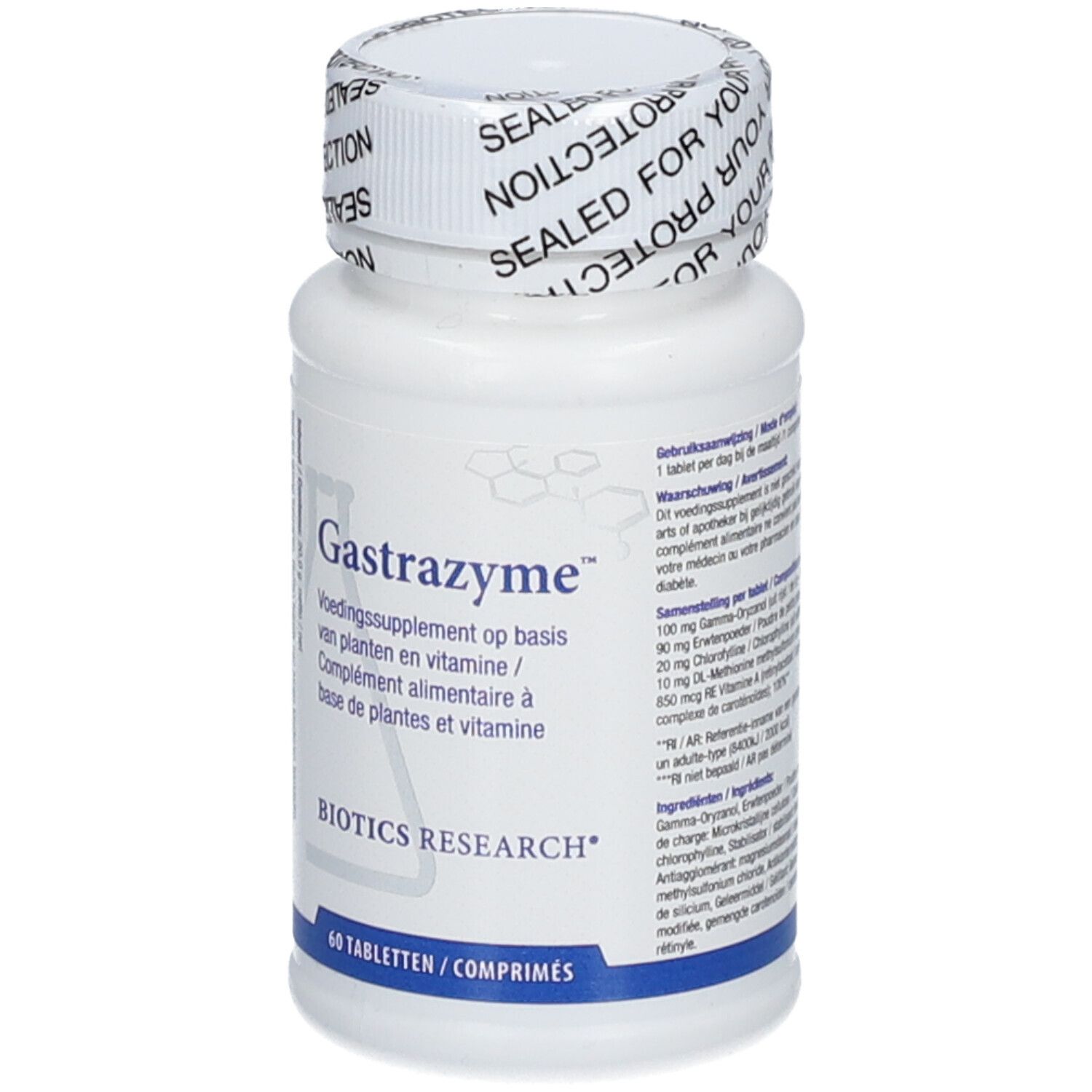 Flacon blanc avec étiquette. "Gastrazyme" et "Biotics Research" visibles. 60 comprimés. Bouchon "SEALED FOR YOUR PROTECTION".