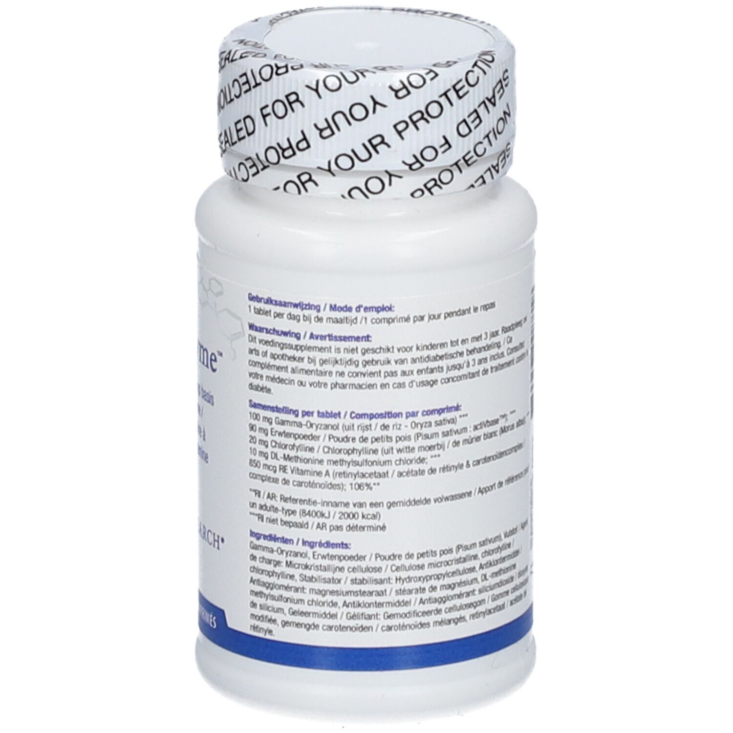 Flacon blanc avec étiquette. "Gastrazyme" et "Biotics Research" visibles. 60 comprimés. Bouchon "SEALED FOR YOUR PROTECTION".