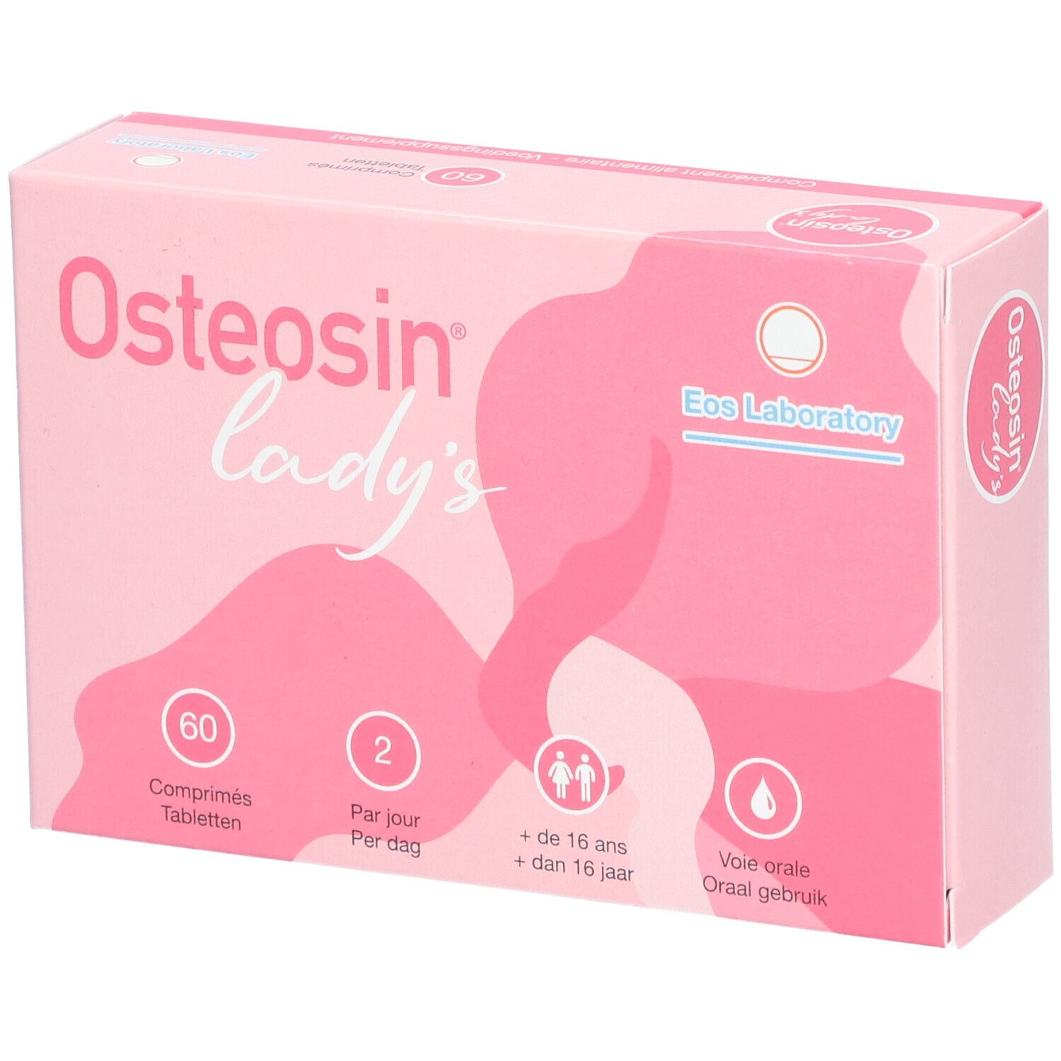 Roze doos met "Osteosin lady's"-logo. Bevat 60 tabletten. Dosering en gebruiksaanwijzing.