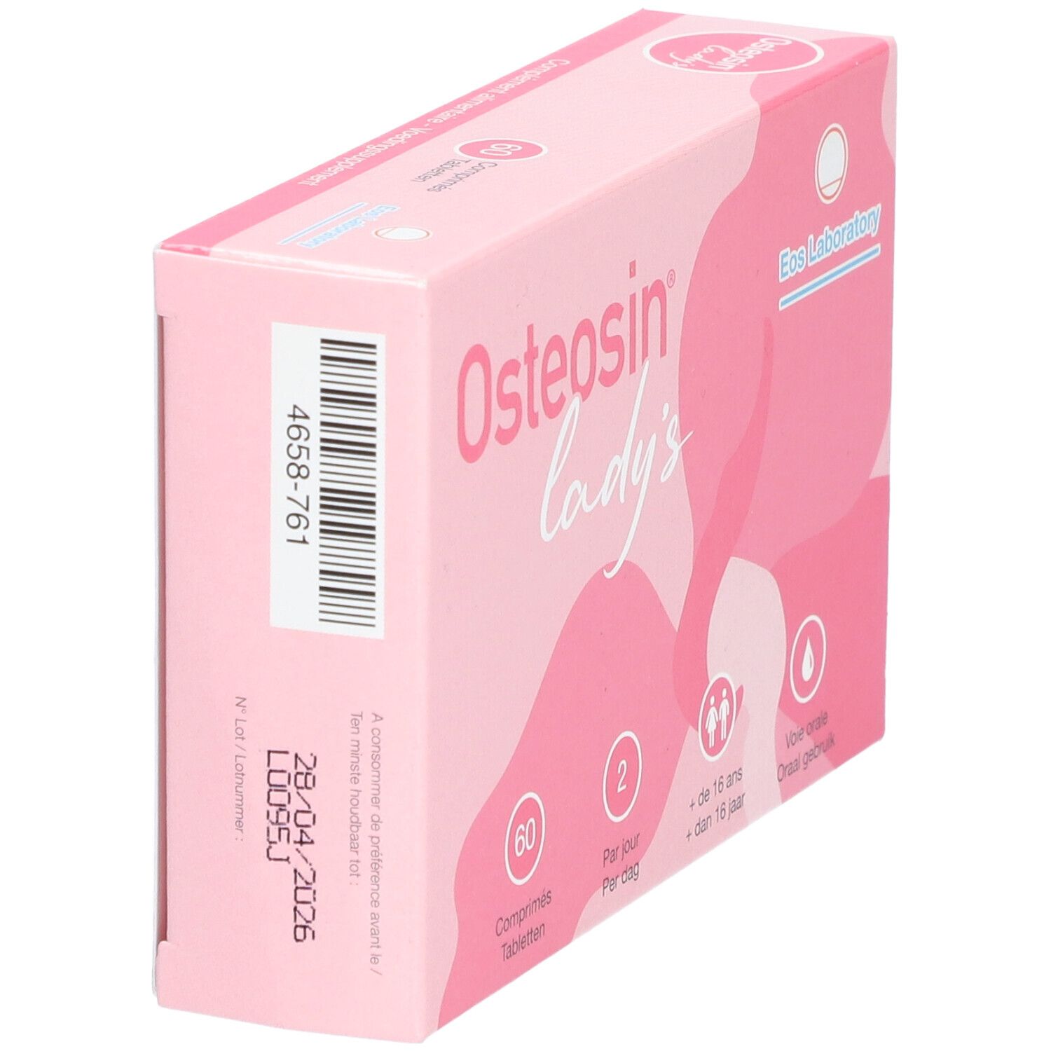 Schuine weergave van de roze "Osteosin lady's"-doos. Barcode en vervaldatum zichtbaar.