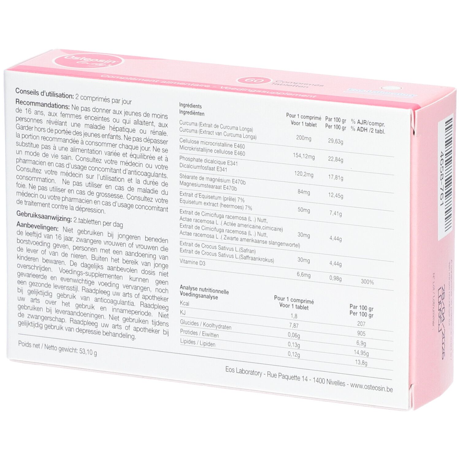 Achterkant van de roze "Osteosin lady's"-doos. Bevat informatie over ingrediënten en voedingswaarde.