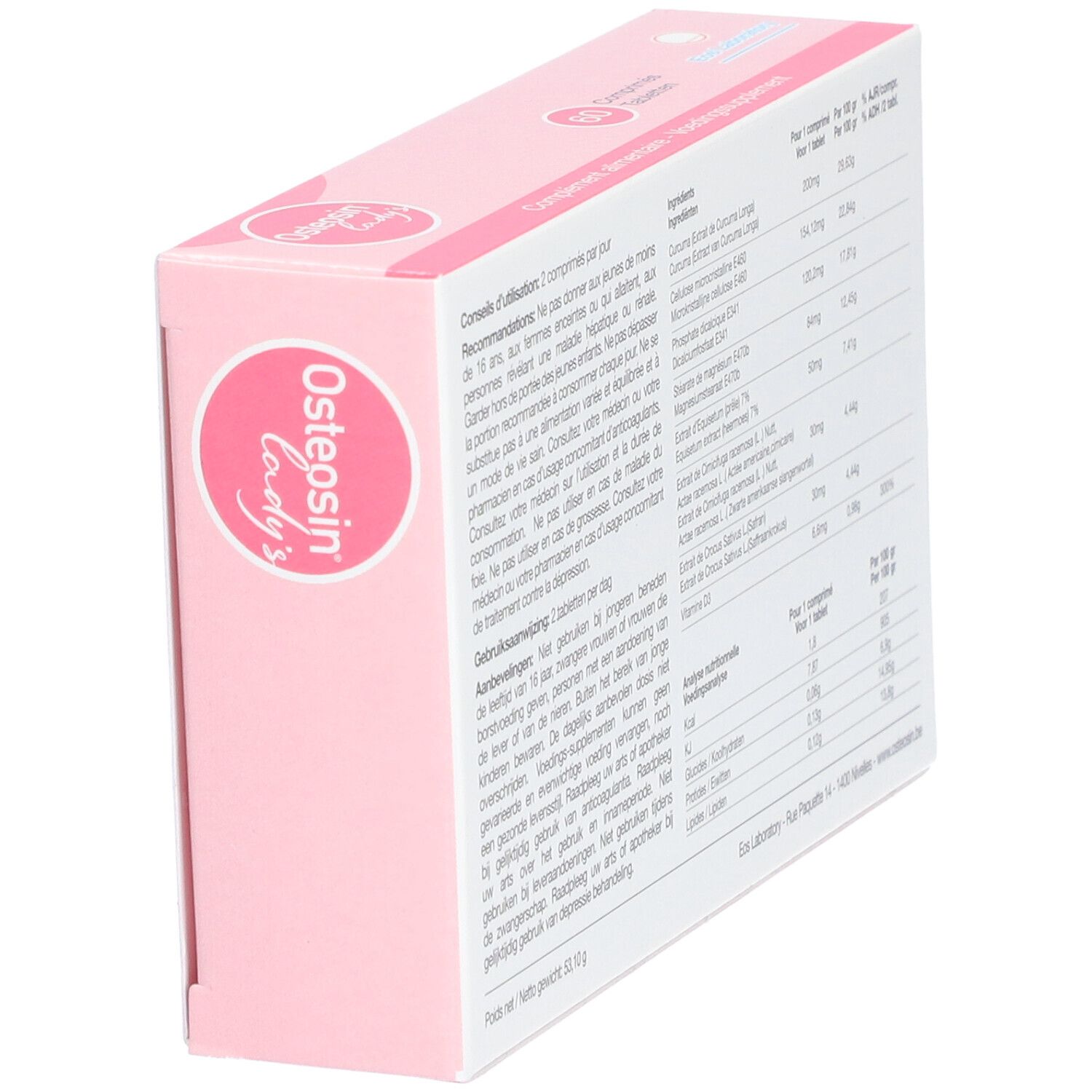 Schuine weergave van de roze "Osteosin lady's"-doos. Informatie over ingrediënten en voedingswaarde.