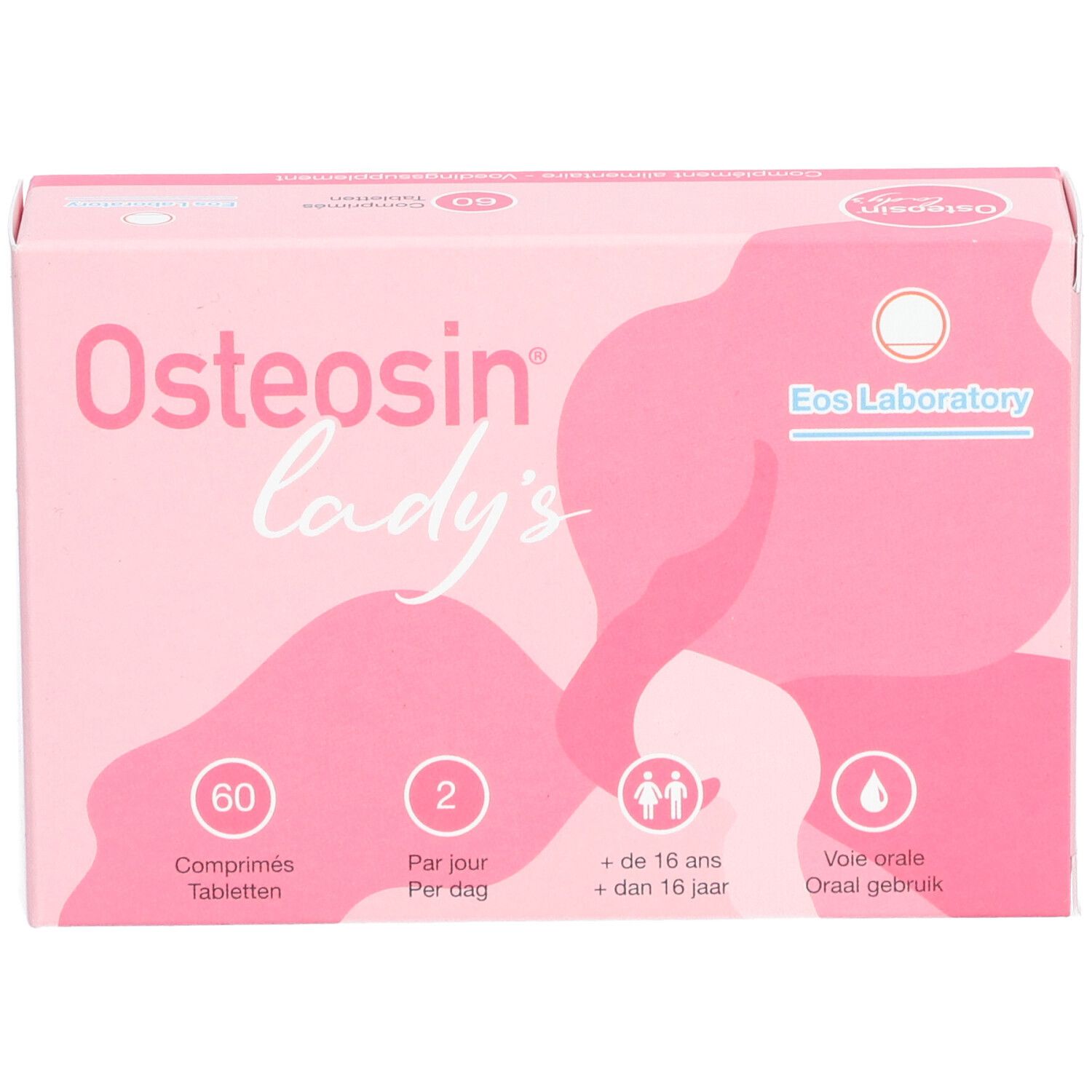 Roze doos met "Osteosin lady's"-logo. Bevat 60 tabletten. Dosering en gebruiksaanwijzing.