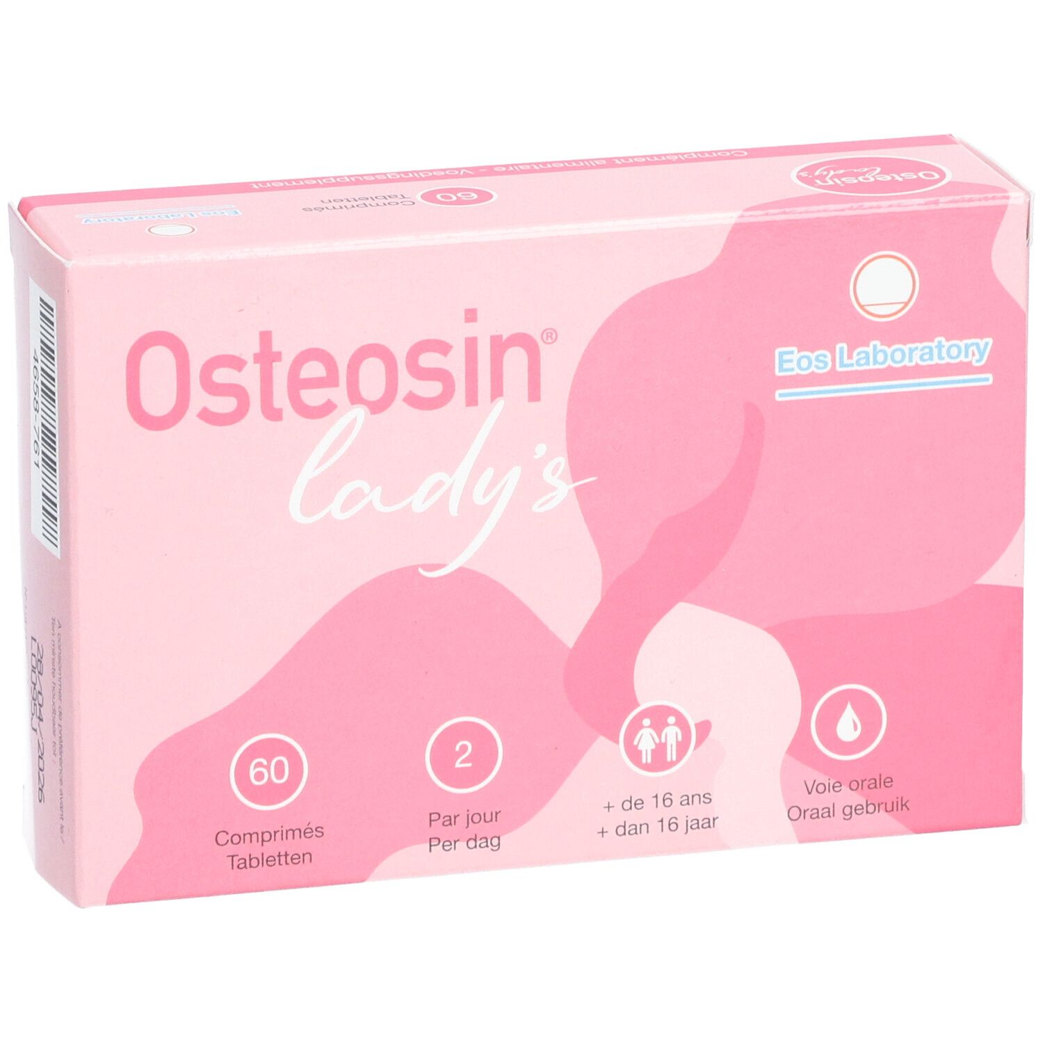 Roze doos met "Osteosin lady's"-logo. Bevat 60 tabletten. Dosering en gebruiksaanwijzing.