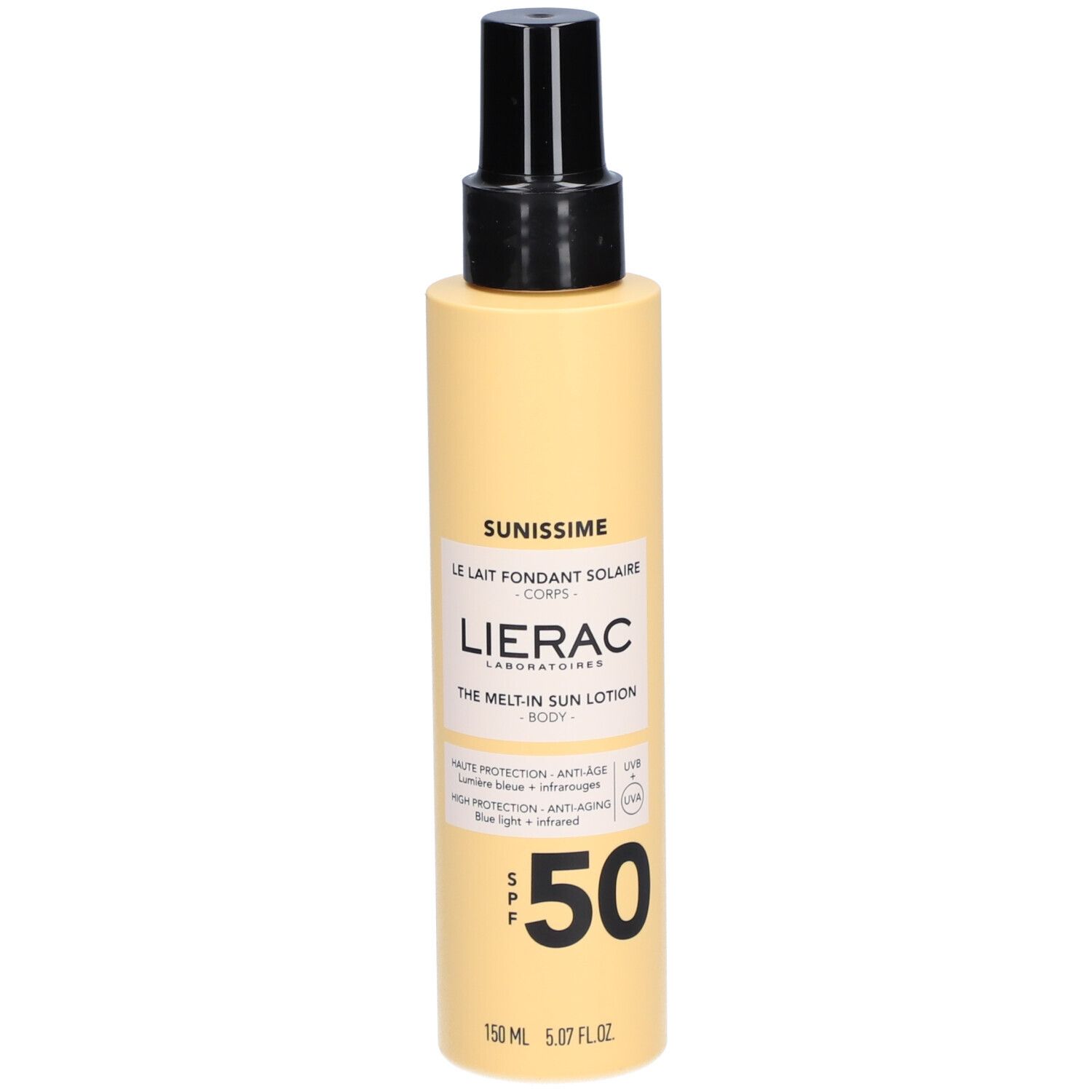 Zonnelotion met spraykop. Gele fles met zwarte dop. SPF 50. LIERAC SUNISSIME.