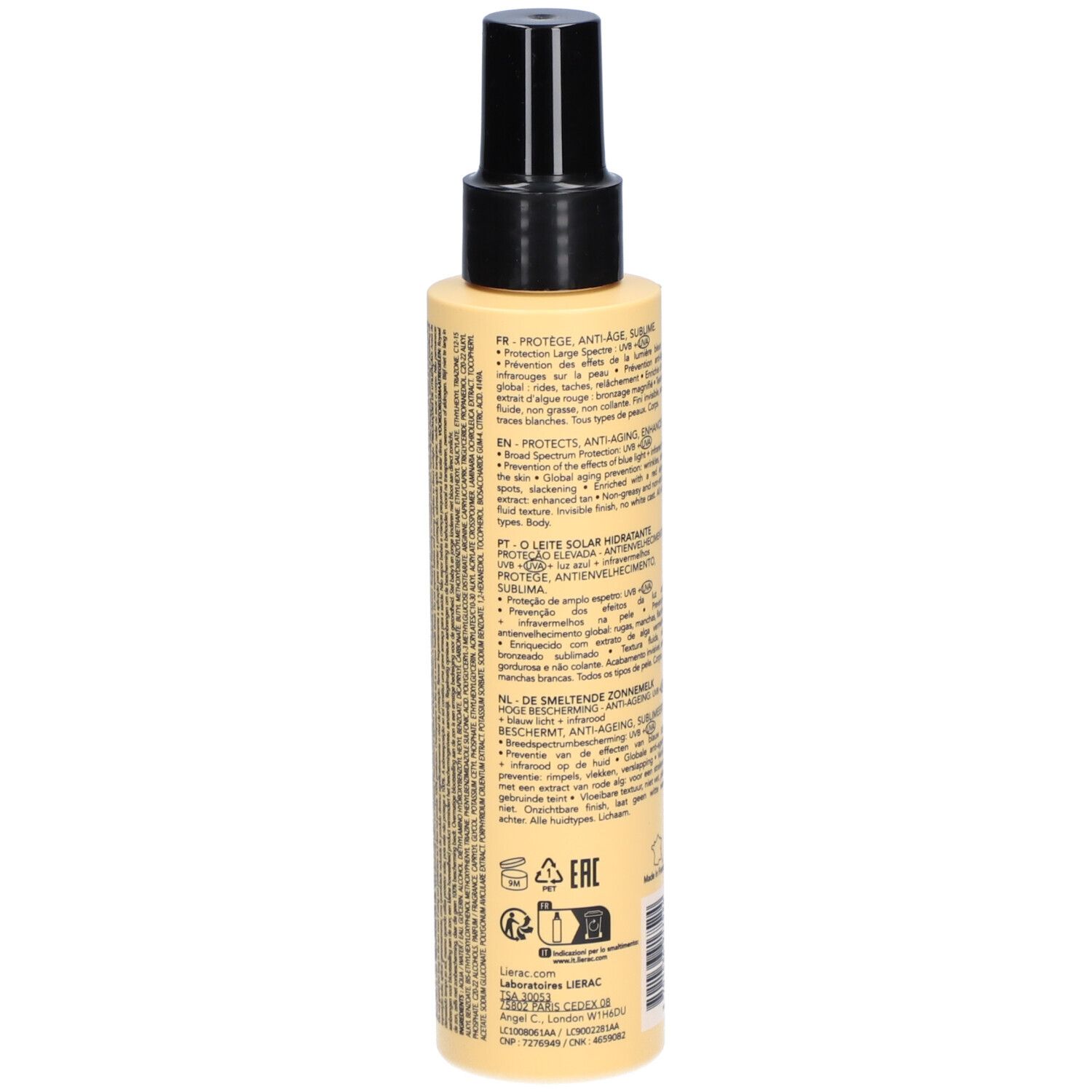 Achterkant van de zonnebrandlotionfles. Meertalige tekst. Gele fles met zwarte dop.