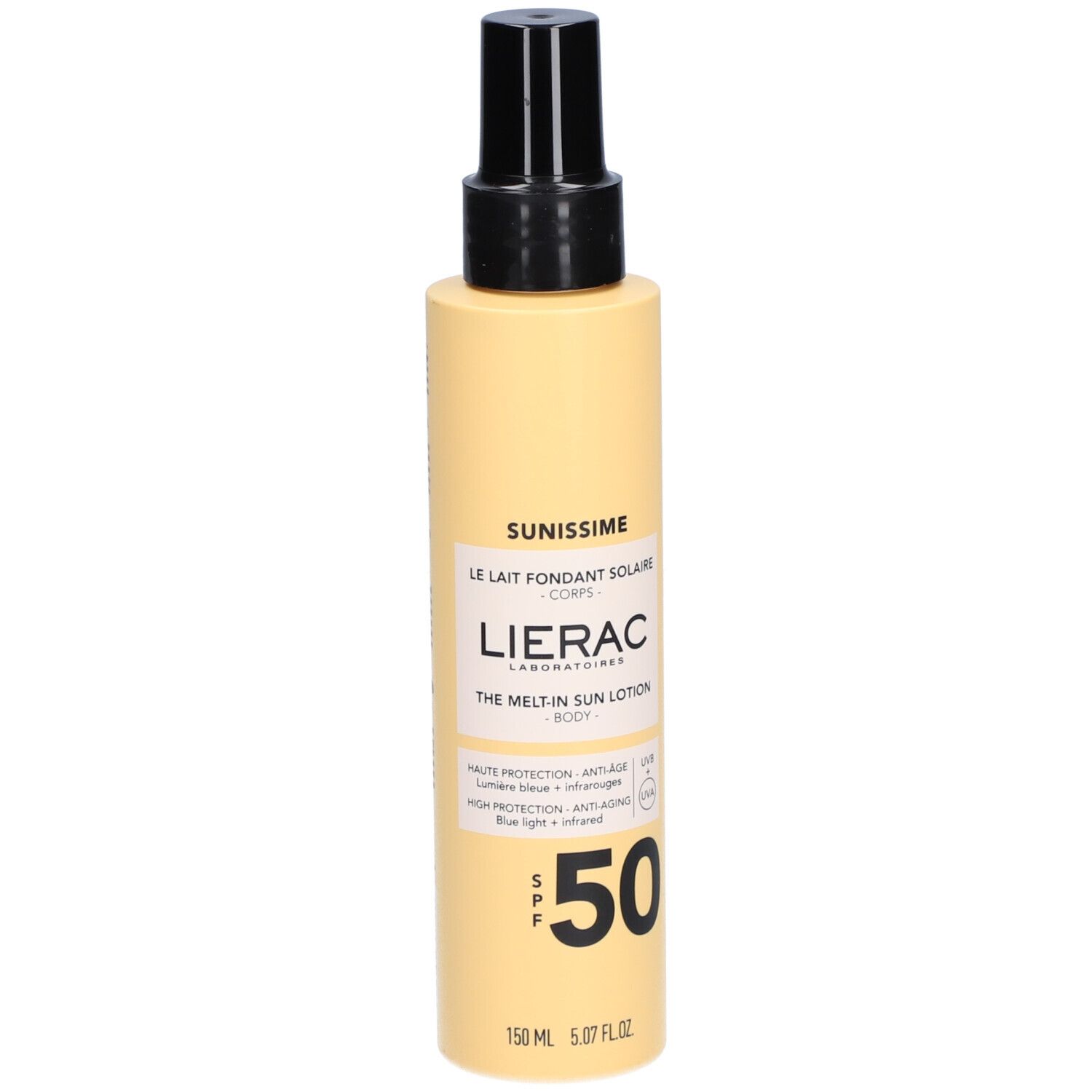 Zonnelotion met spraykop. Gele fles met zwarte dop. SPF 50. LIERAC SUNISSIME.