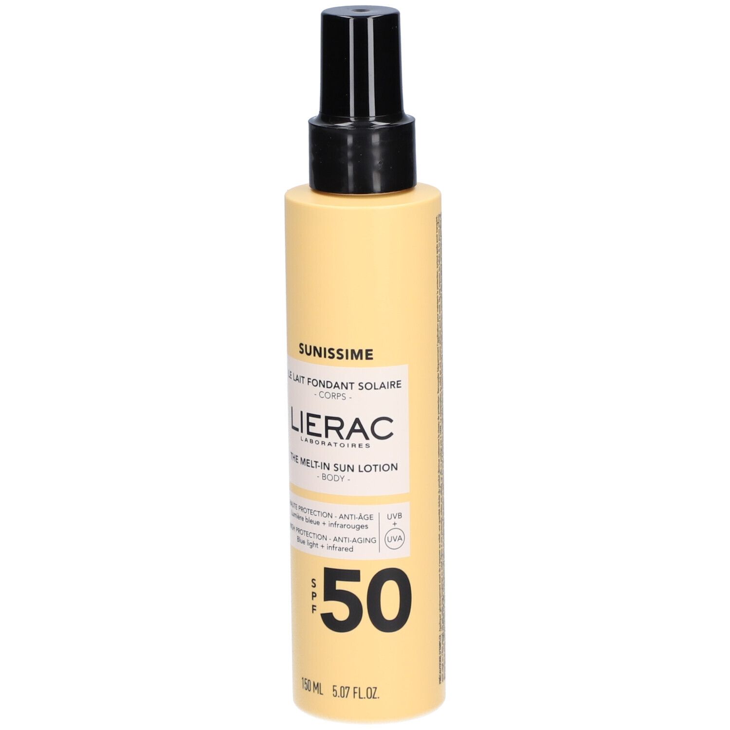 Zonnelotion met spraykop. Gele fles met zwarte dop. SPF 50. LIERAC SUNISSIME.