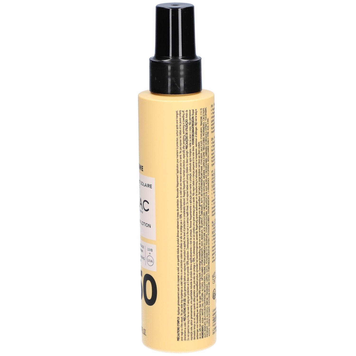 Achterkant van de zonnebrandlotionfles. Meertalige tekst. Gele fles met zwarte dop.