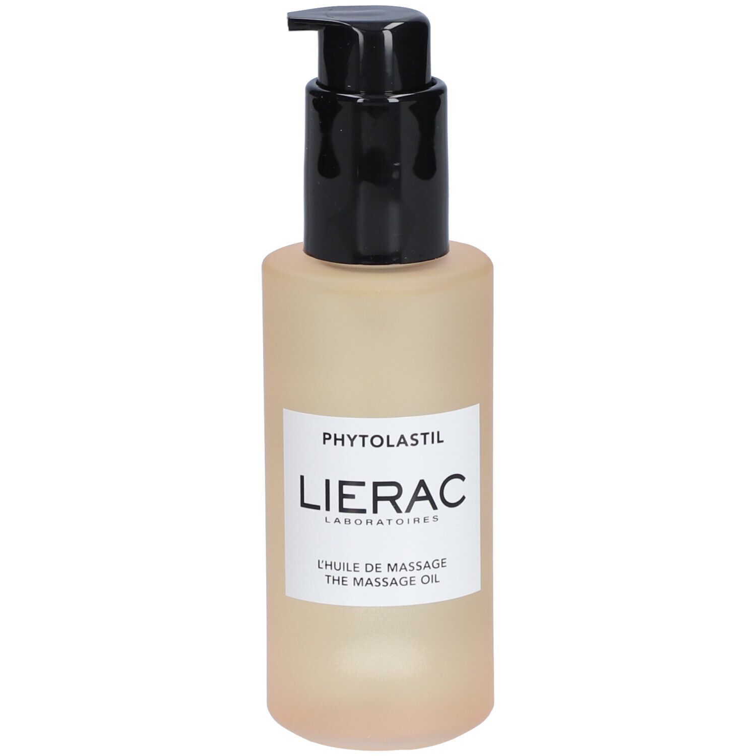 Beige fles met zwarte pomp. Etiket met "Phytolastil" en "Lierac". "L'Huile de Massage" eronder.