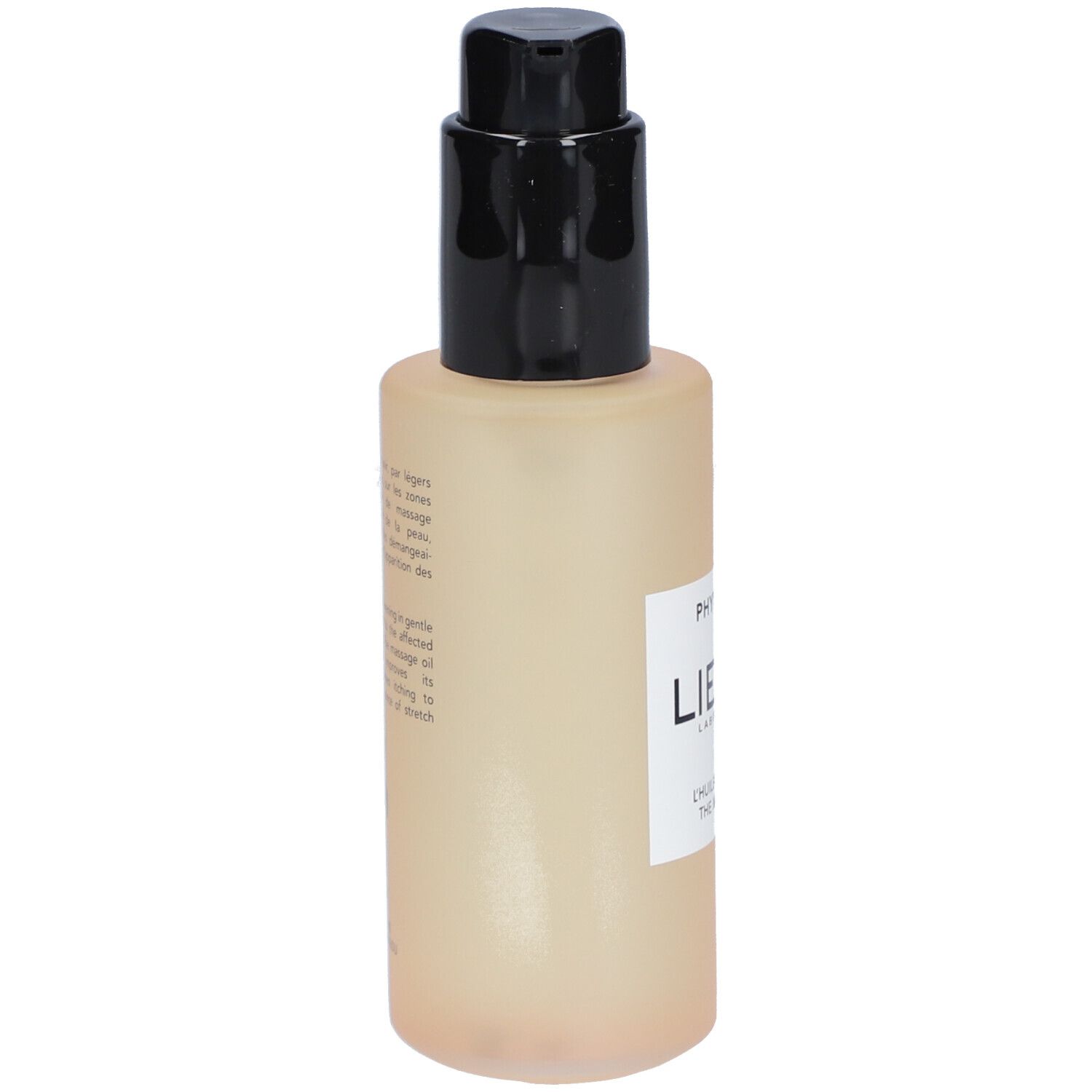 Beige fles met zwarte pomp. Etiket met "Lierac" en tekst.
