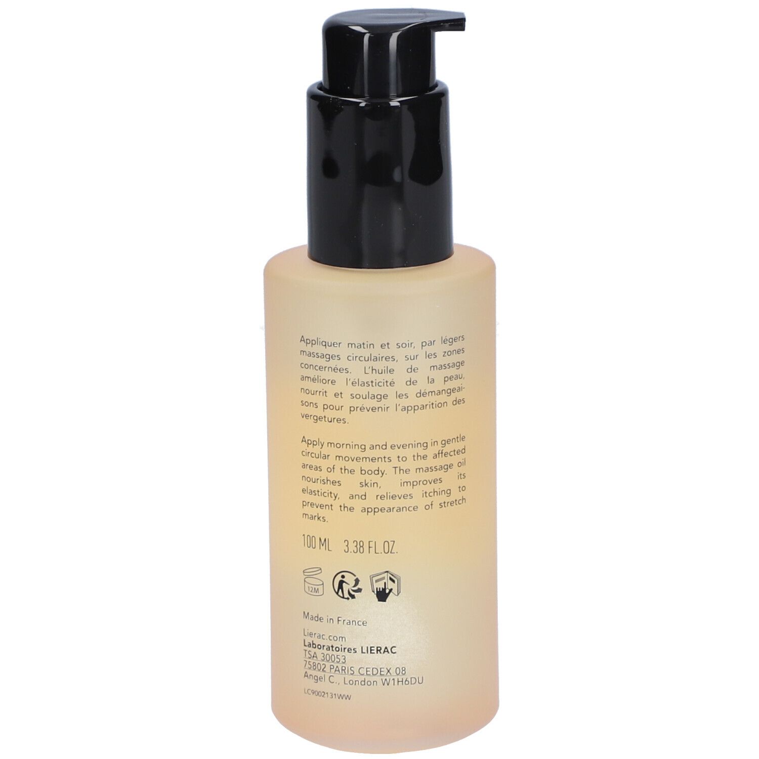 Beige fles met zwarte pomp. Achterkant met tekst en logo's. "100 ml 3.38 FL.OZ" onderaan.