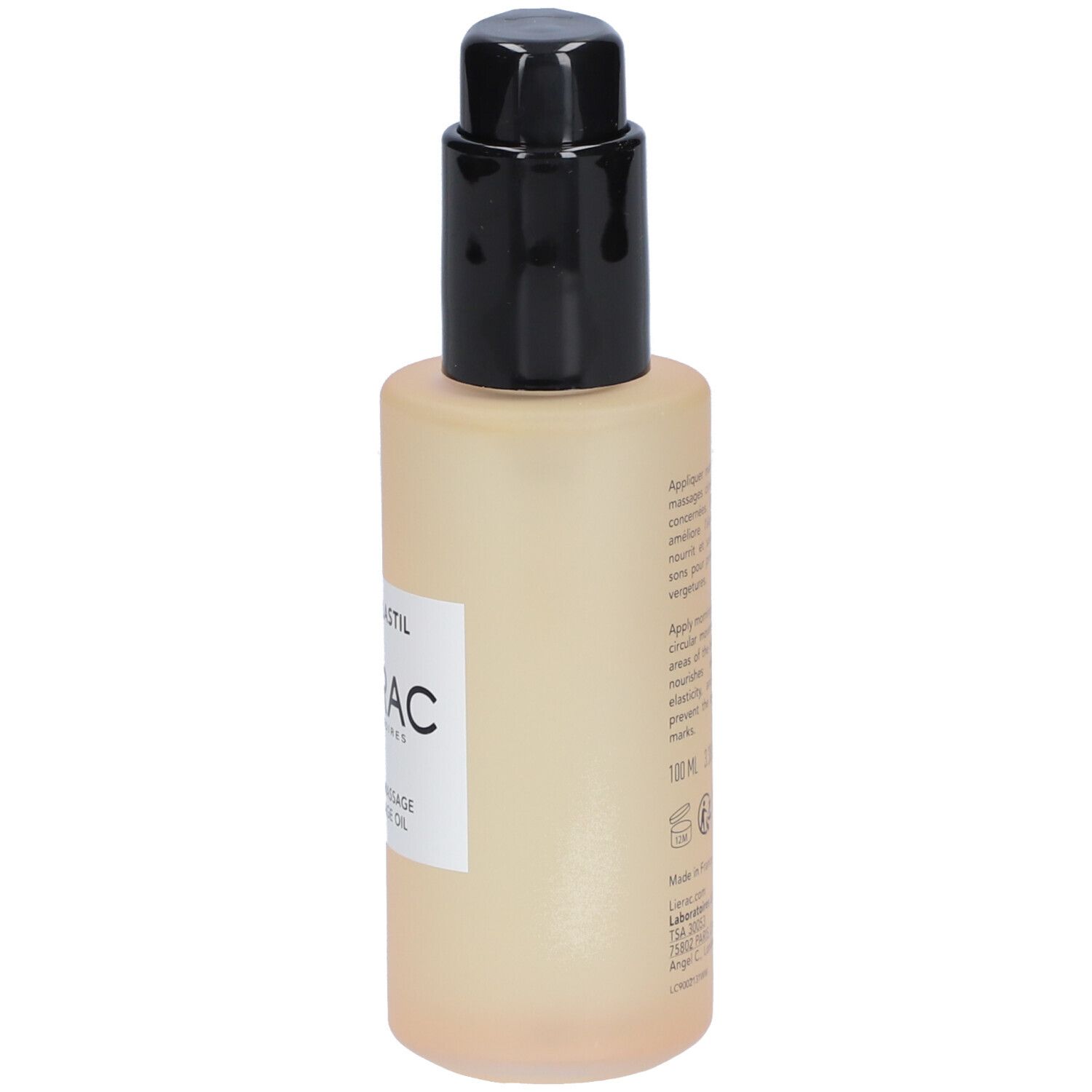 Beige fles met zwarte pomp. Etiket met "Lierac" en tekst. "100 ml" onderaan.