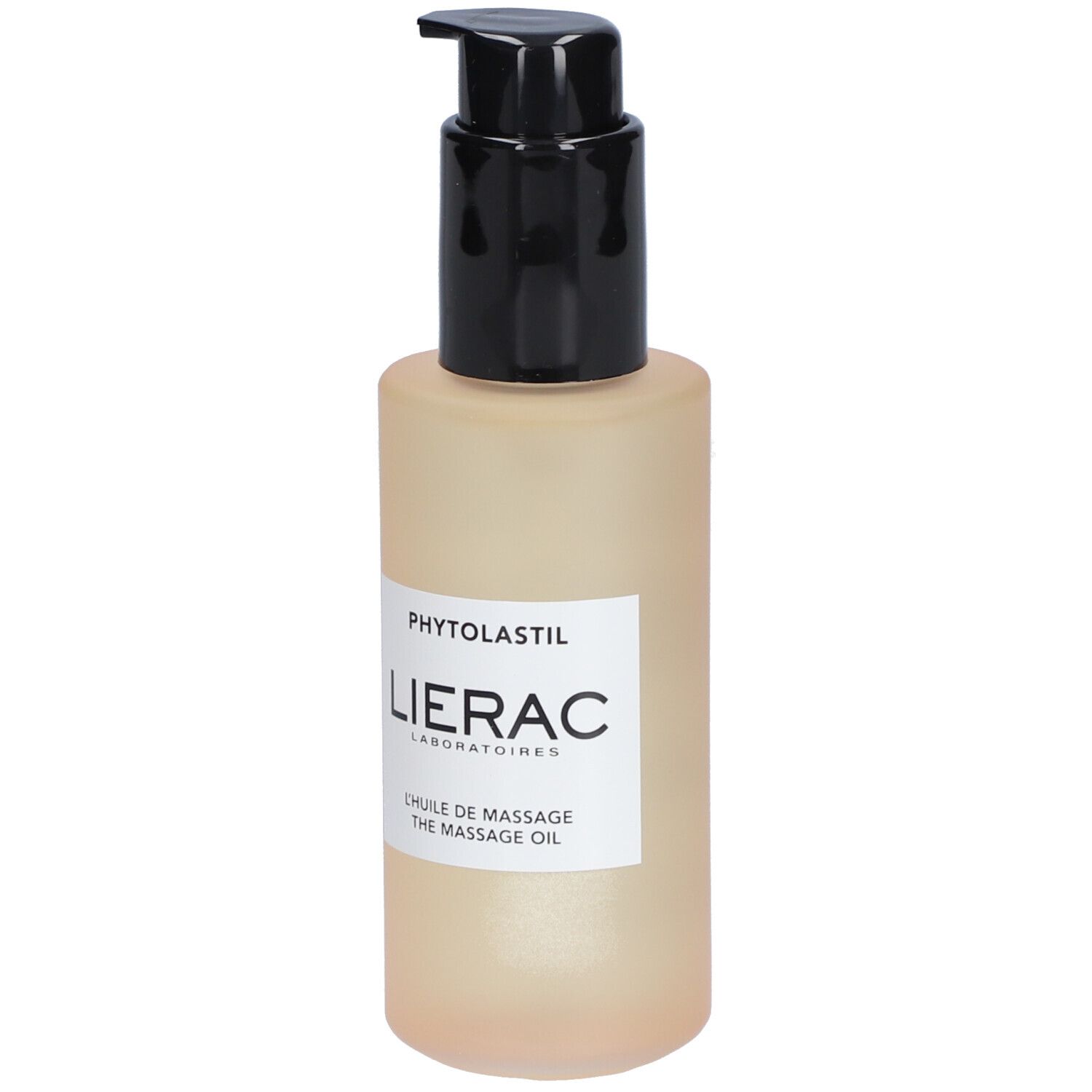 Beige fles met zwarte pomp. Etiket met "Phytolastil", "Lierac" en "L'Huile de Massage".