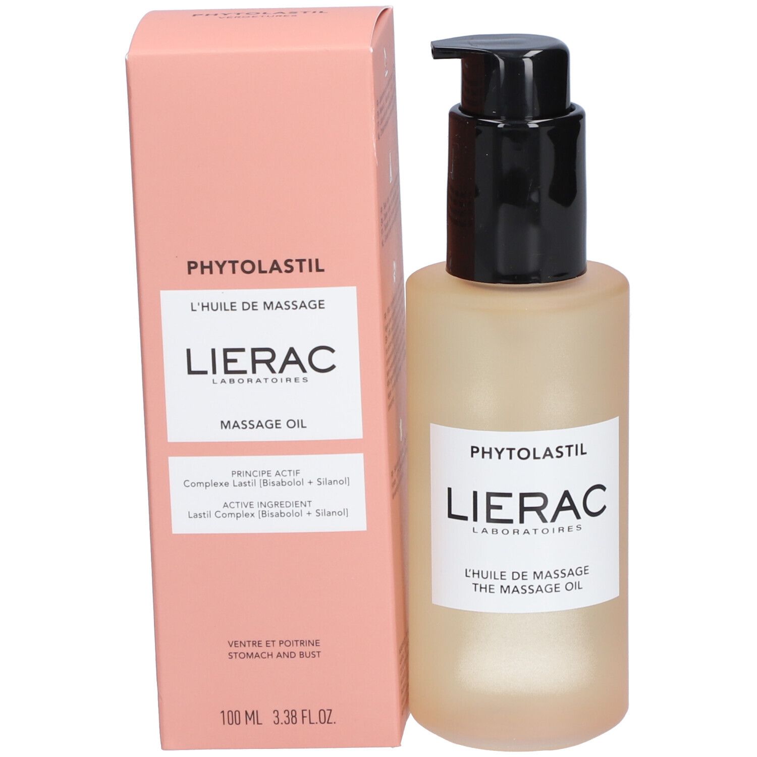 Product met verpakking. Roze doos en beige fles met zwarte pomp. "Lierac" zichtbaar.