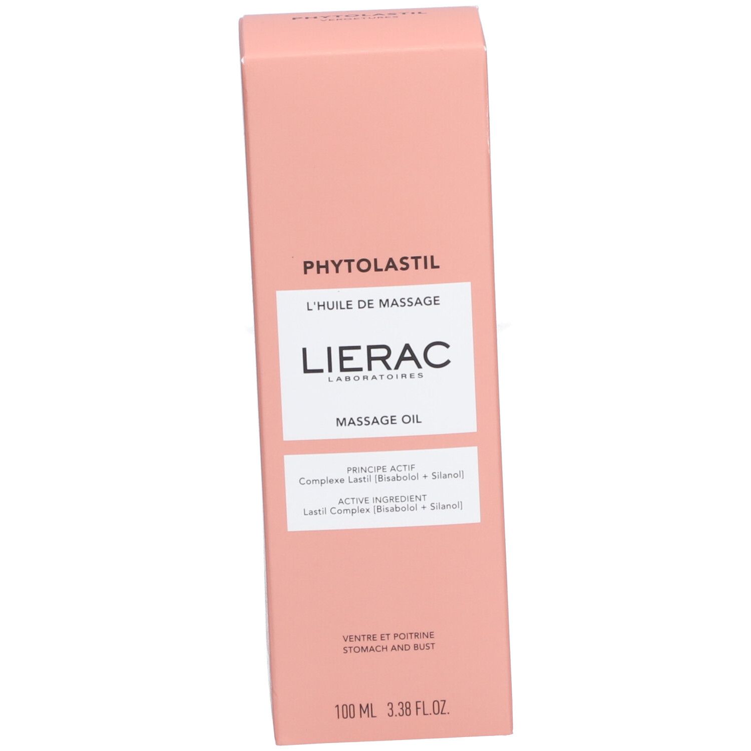 Roze doos met productnaam en logo. "Lierac" en "Massage Oil" zichtbaar. "100 ml 3.38 FL.OZ" onderaan.