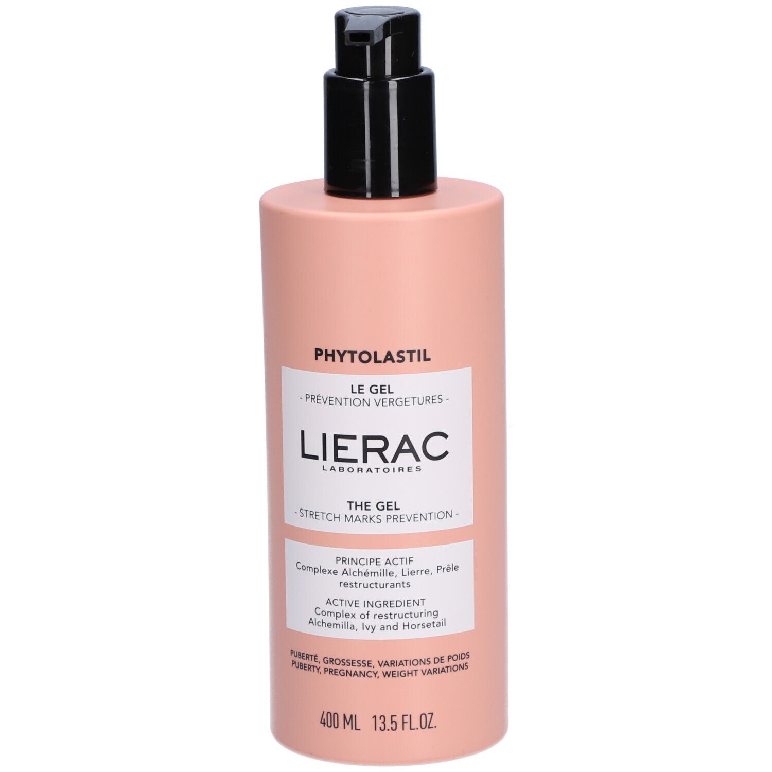Roze fles met zwarte pomp. Opschrift: Phytolastil, Lierac, Le Gel, Prévention Vergetures. 400 ml.
