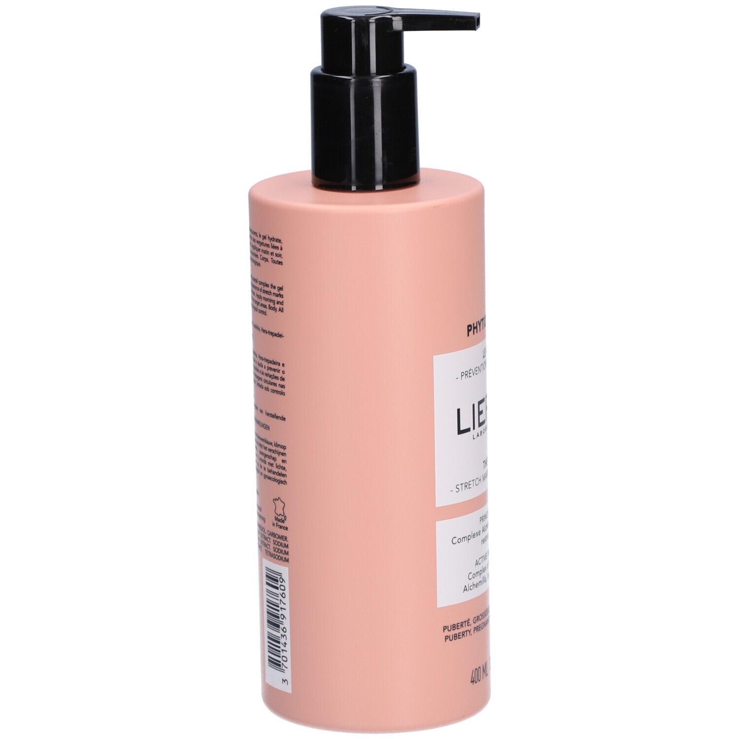 Roze fles met zwarte pomp. Opschrift en tekst op de zijkant. Barcode. 400 ml.