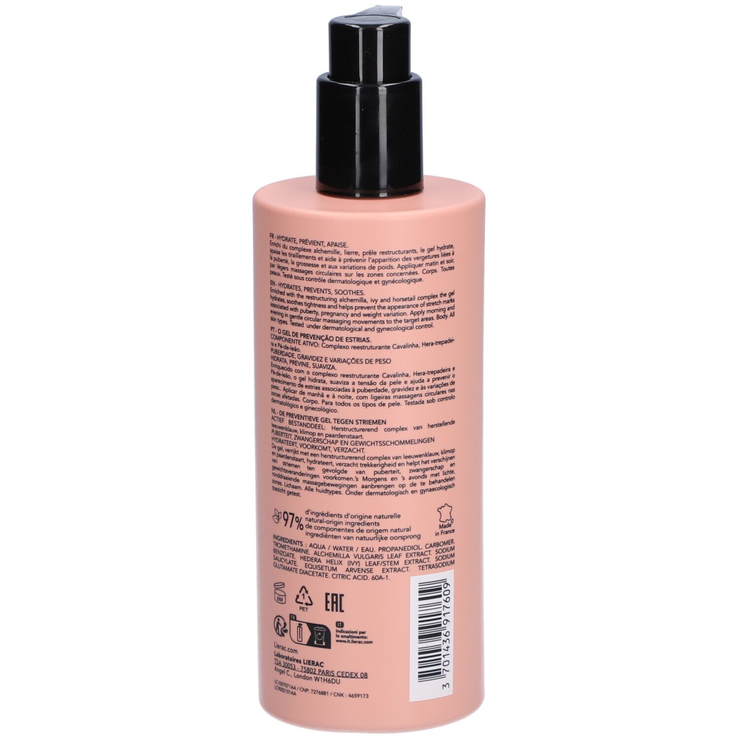 Achterkant van de roze fles met zwarte pomp. Tekst, ingrediënten, certificeringen. 400 ml.