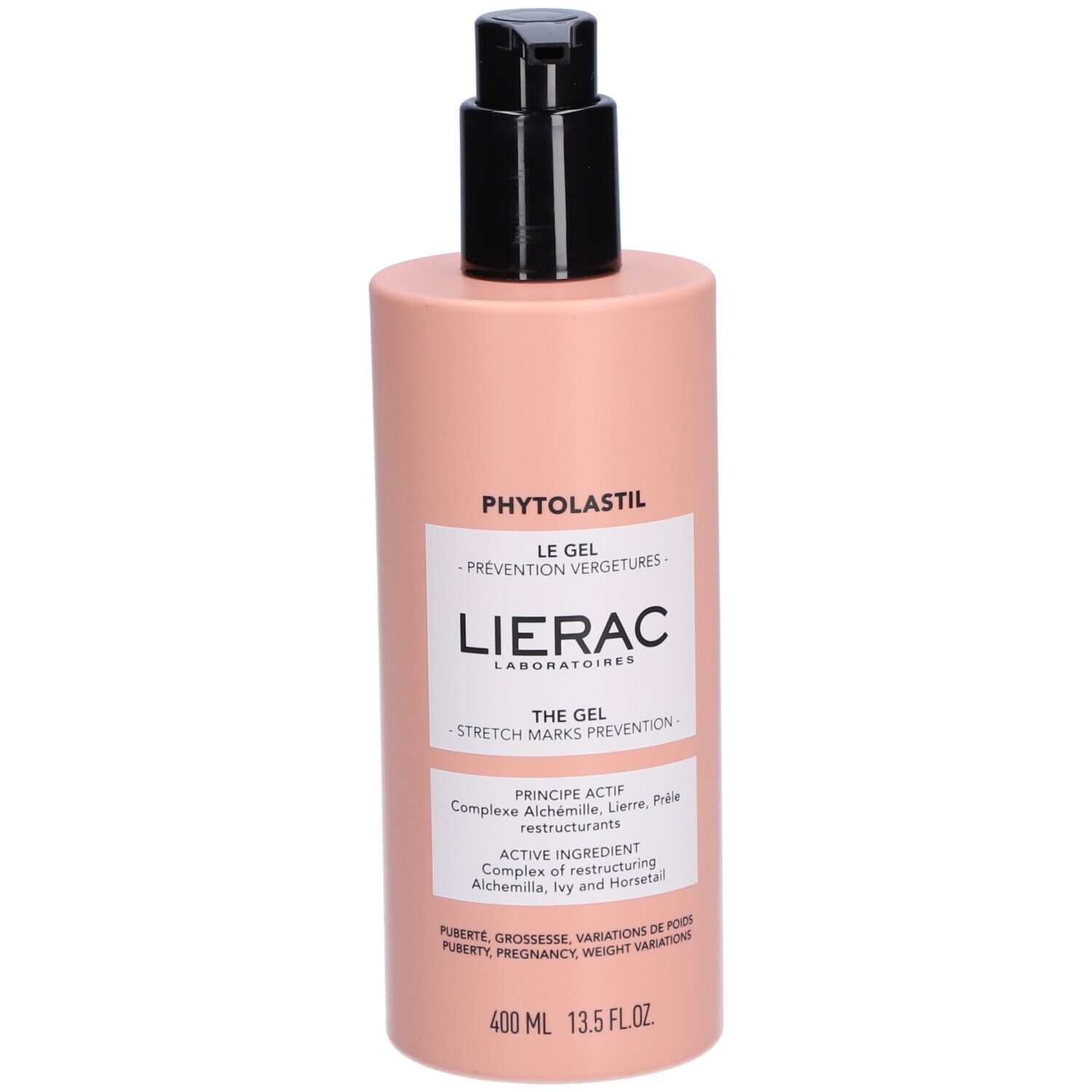 Roze fles met zwarte pomp. Opschrift: Phytolastil, Lierac, Le Gel, Prévention Vergetures. 400 ml.