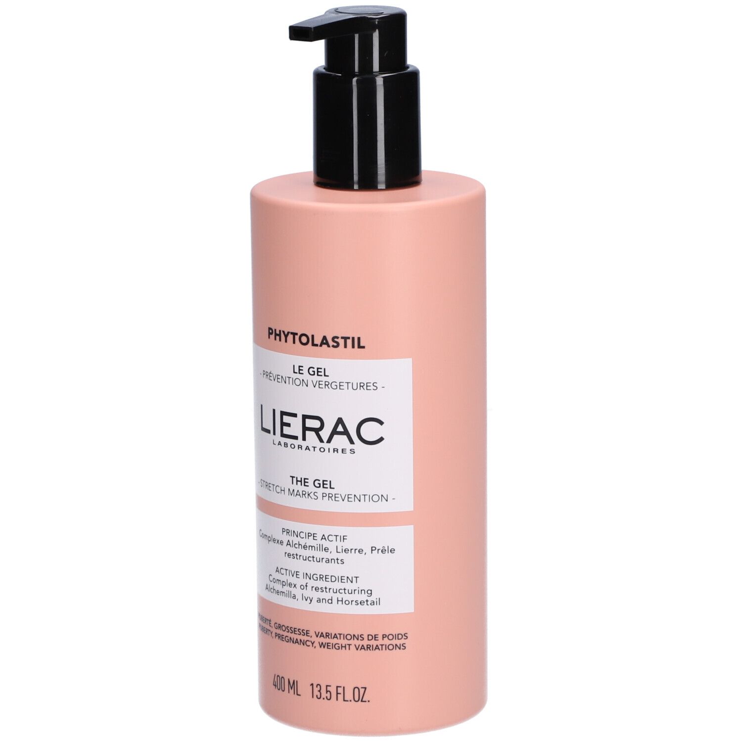 Roze fles met zwarte pomp. Opschrift: Phytolastil, Lierac, Le Gel, Prévention Vergetures. 400 ml.