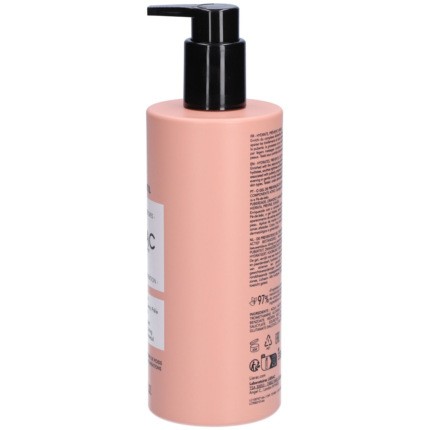 Zijkant van de roze fles met zwarte pomp. Opschrift: Lierac, tekst. 400 ml.