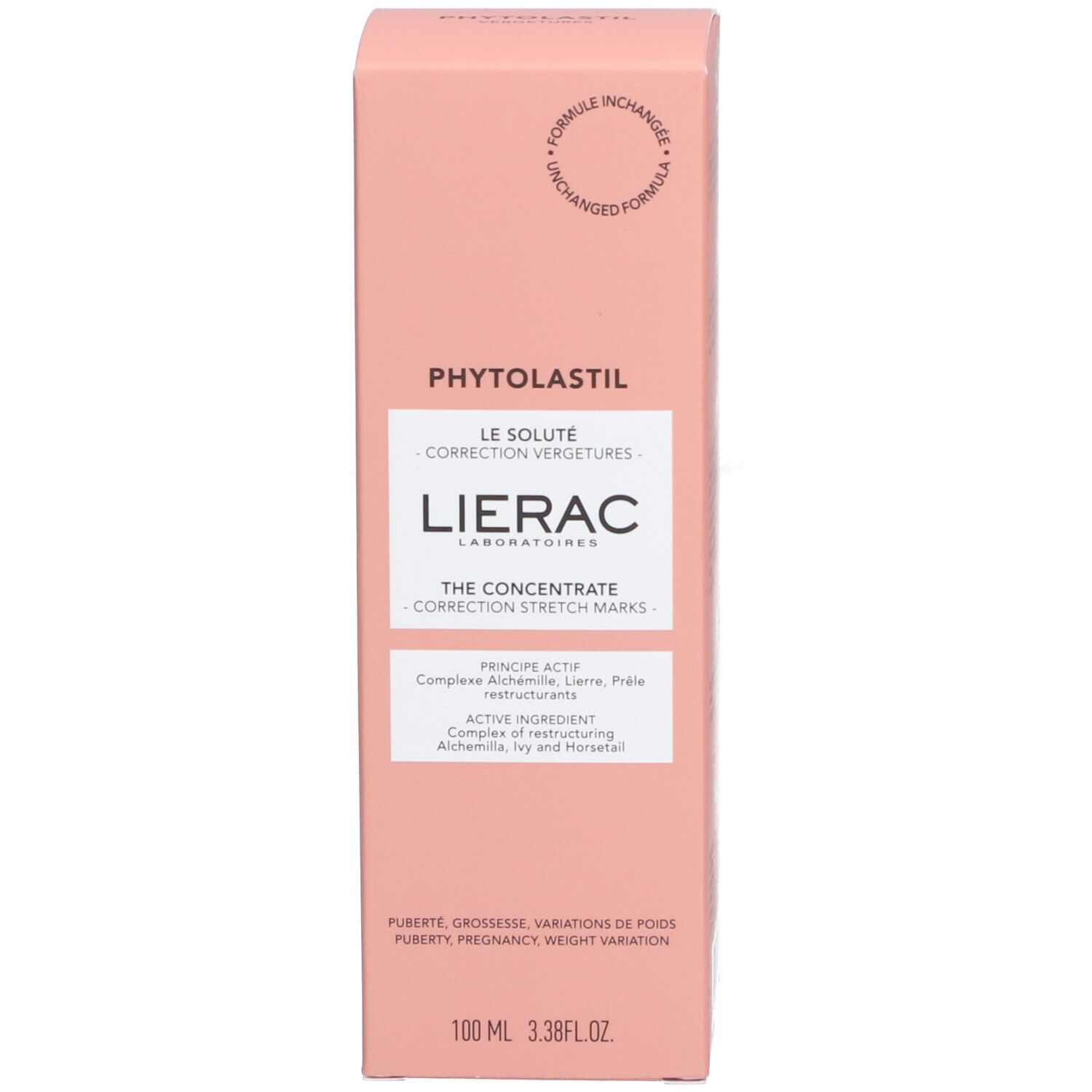 Roze verpakking met productnaam en tekst. Fles niet zichtbaar.