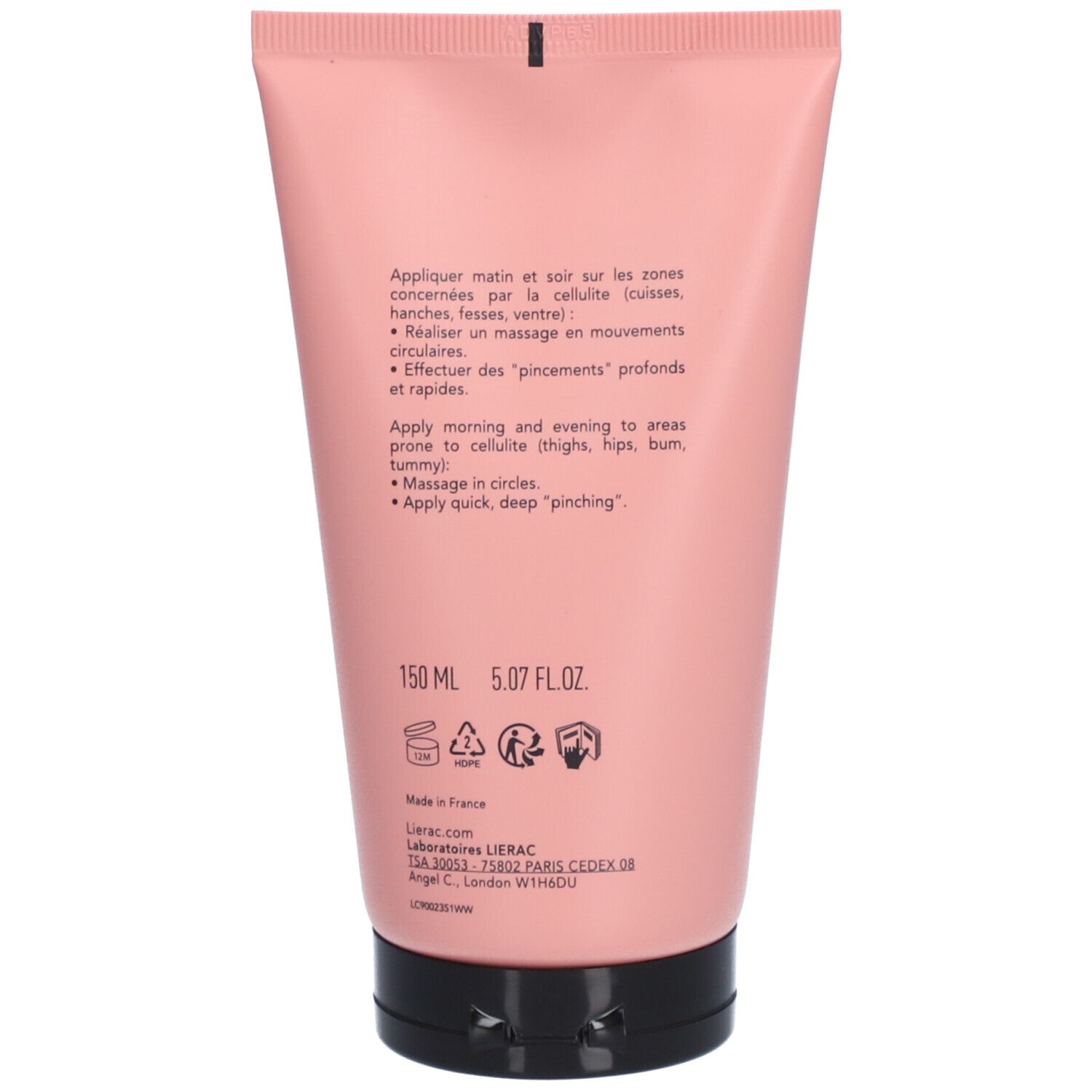 Dos d'un tube rose avec bouchon noir. Texte en plusieurs langues.