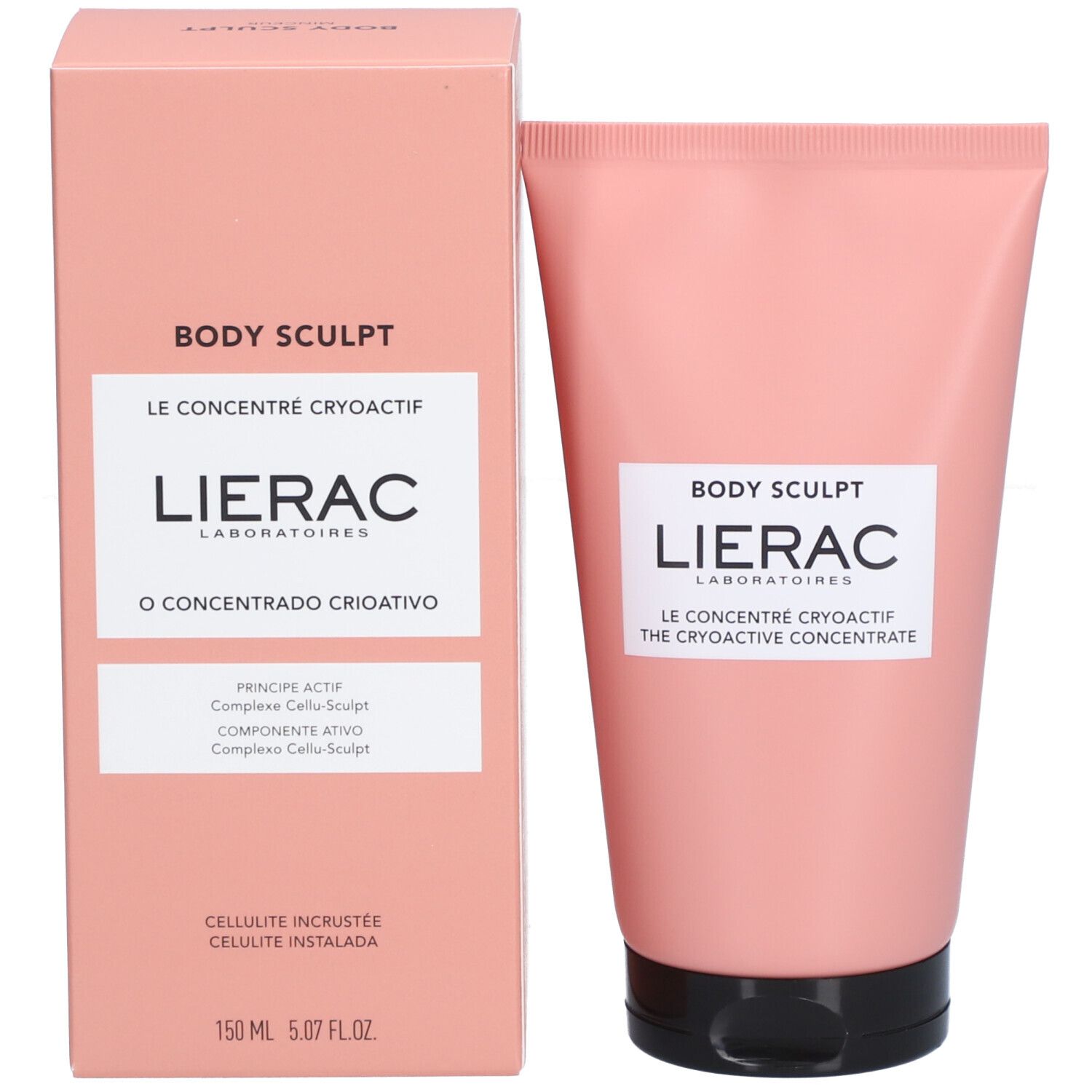 Tube et boîte roses. Inscription : BODY SCULPT, LIERAC, O CONCENTRADO CRIATIVO. 150 ml.