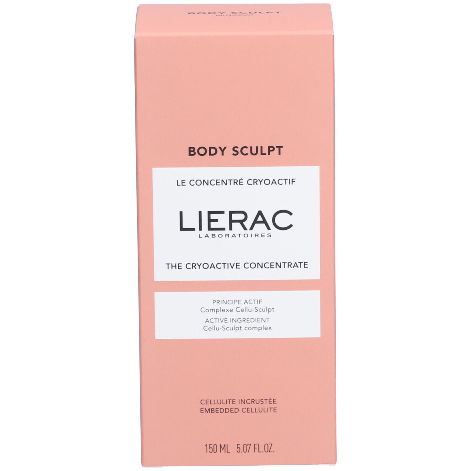 Boîte rose. Inscription : BODY SCULPT, LIERAC, THE CRYOACTIVE CONCENTRATE. 150 ml.