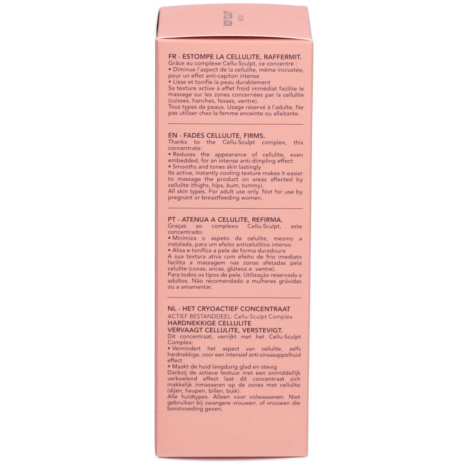 Dos d'une boîte rose. Texte en plusieurs langues.
