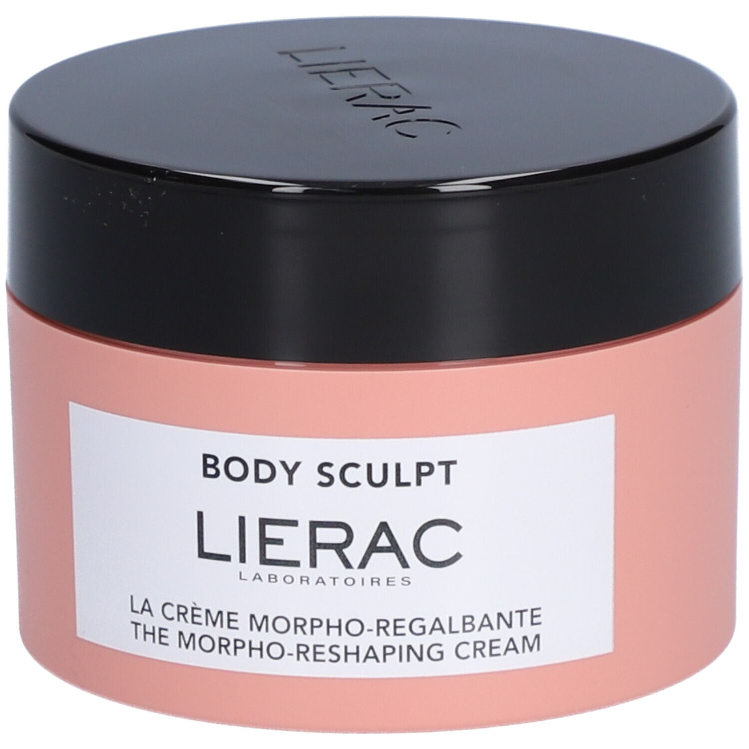 Roze pot met zwarte deksel. Opschrift: BODY SCULPT, LIERAC, LA CRÈME MORPHO-REGALBANTE, THE MORPHO-RESHAPING CREAM.
