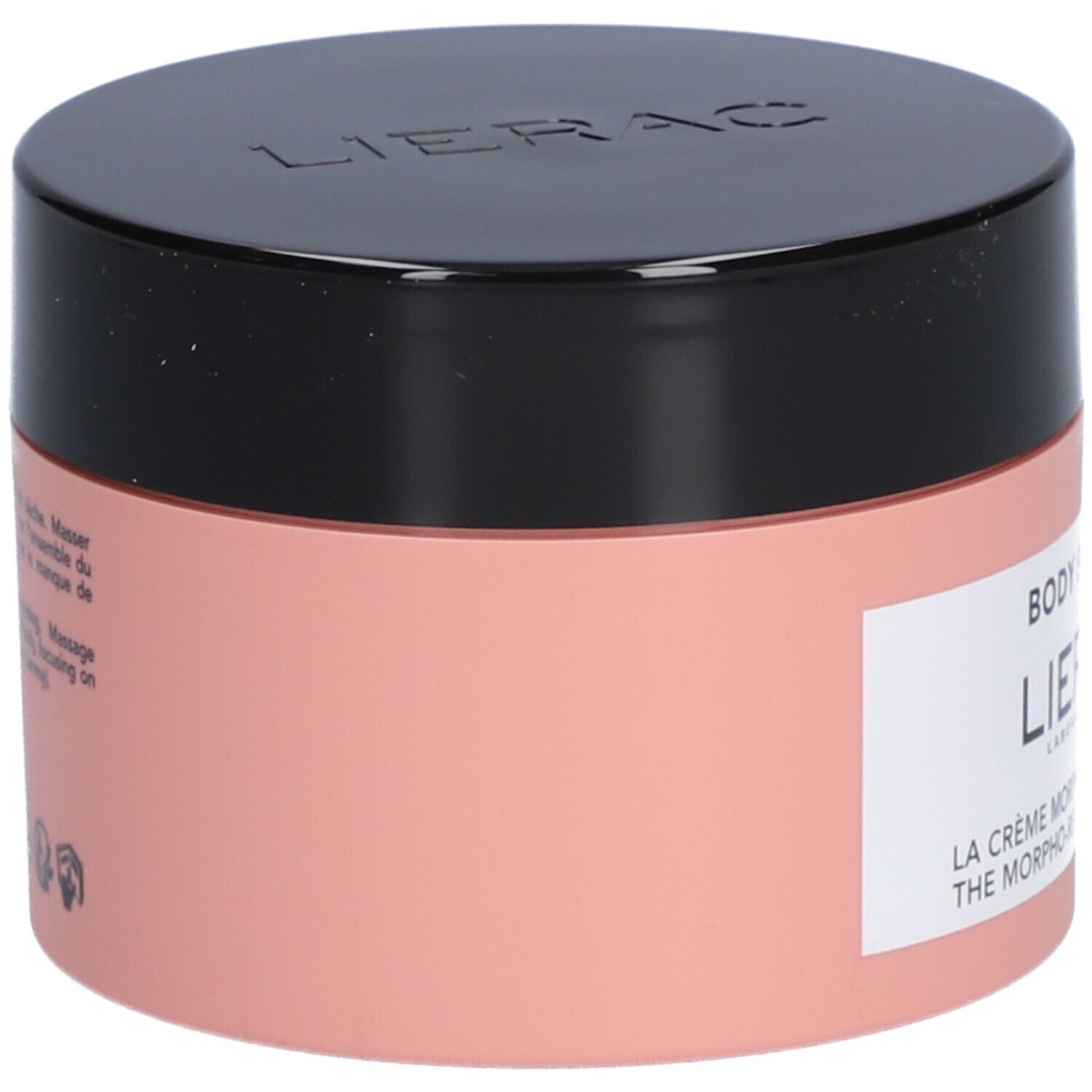 Roze pot met zwarte deksel. Opschrift: LIERAC. Etiket met tekst gedeeltelijk zichtbaar.