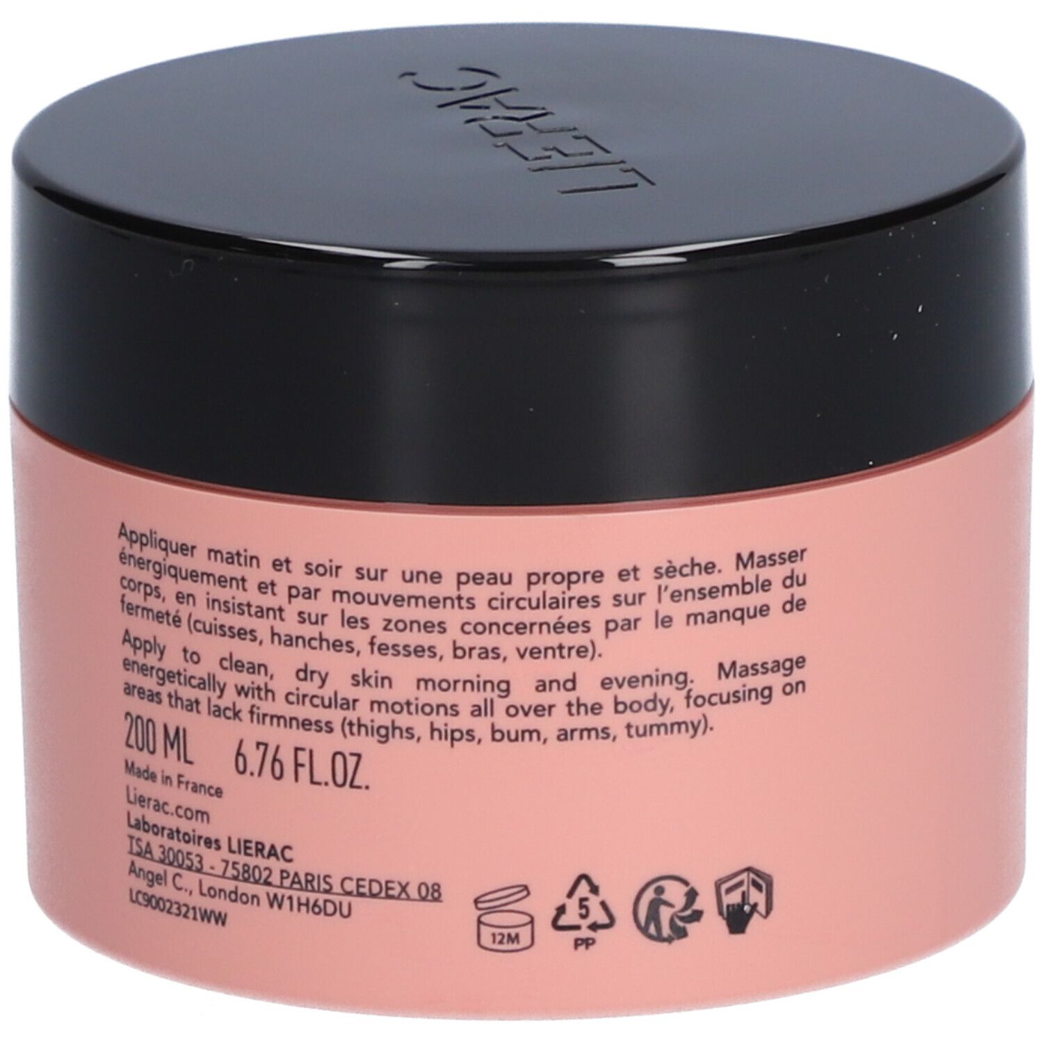 Roze pot met zwarte deksel. Opschrift: LIERAC. Tekst op etiket, waaronder 200 ml en 6.76 fl.oz.