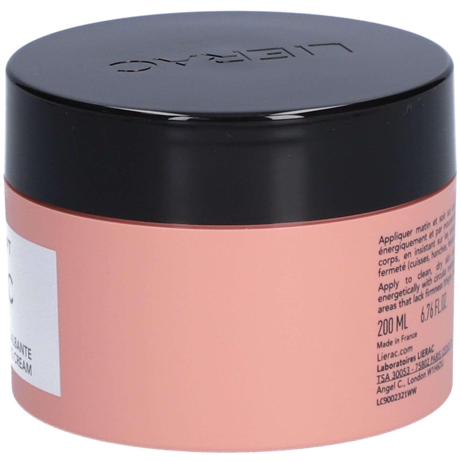 Roze pot met zwarte deksel. Opschrift: LIERAC. Tekst op etiket, waaronder 200 ml en 6.76 fl.oz.
