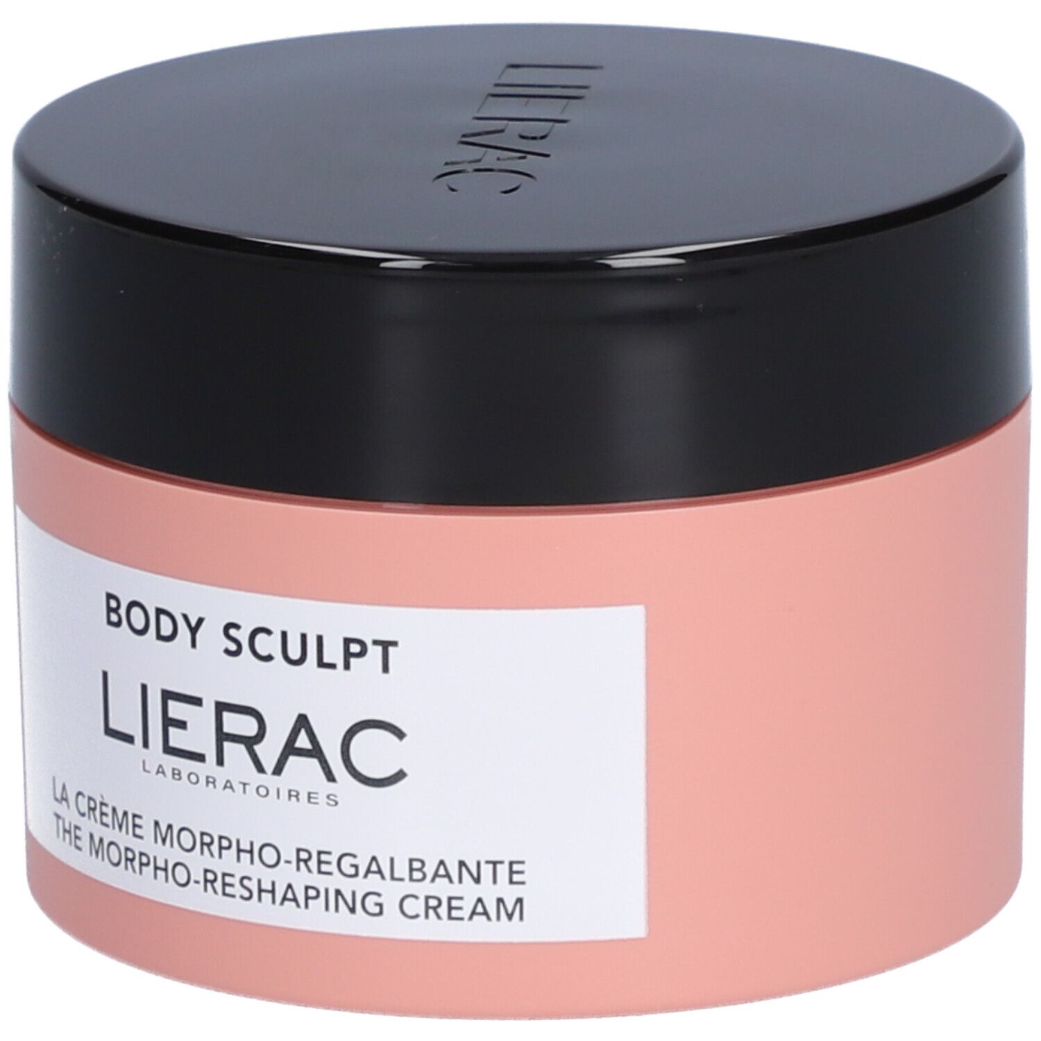 Roze pot met zwarte deksel. Opschrift: BODY SCULPT, LIERAC, LA CRÈME MORPHO-REGALBANTE, THE MORPHO-RESHAPING CREAM.