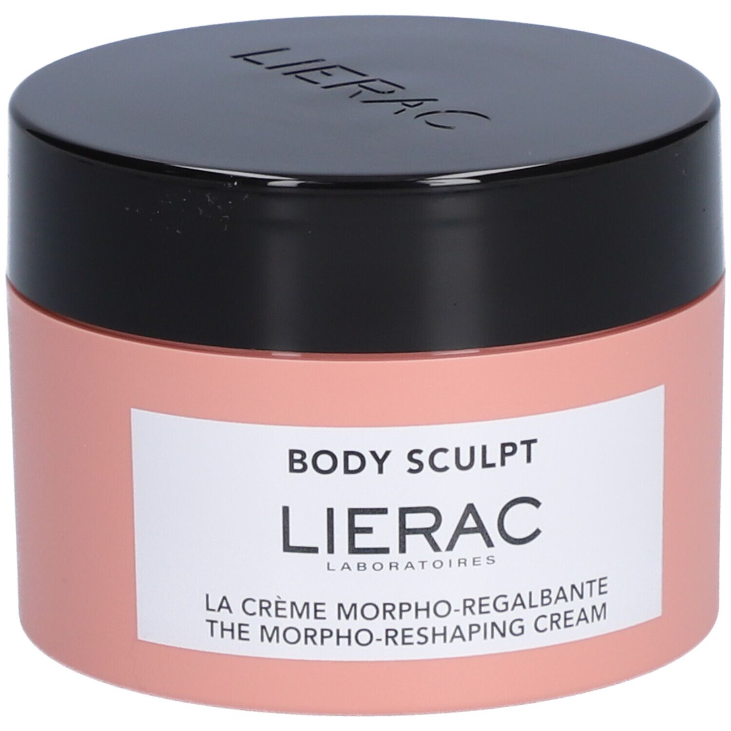 Roze pot met zwarte deksel. Opschrift: BODY SCULPT, LIERAC, LA CRÈME MORPHO-REGALBANTE, THE MORPHO-RESHAPING CREAM.