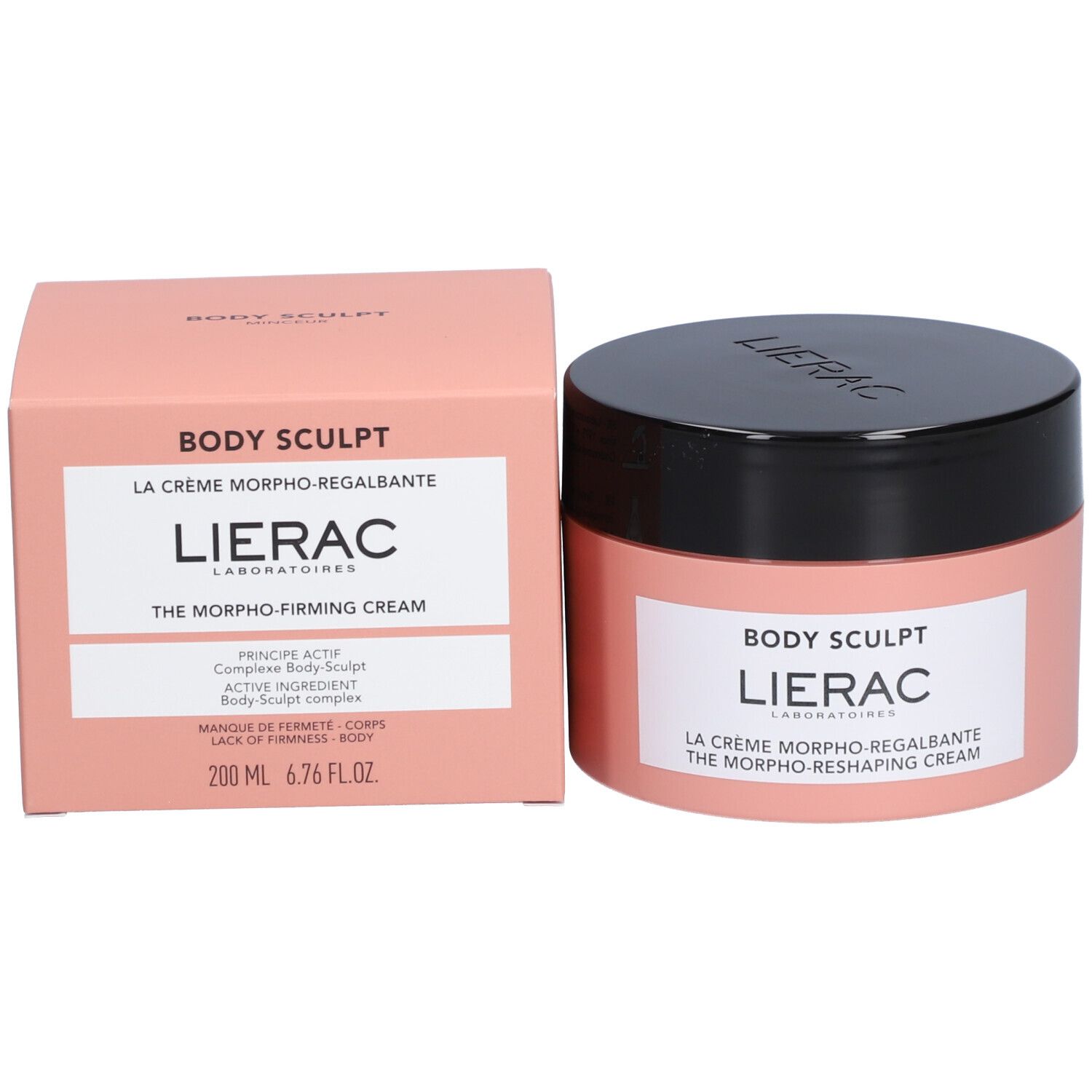 Roze pot en doos. Opschrift: BODY SCULPT, LIERAC, LA CRÈME MORPHO-REGALBANTE, THE MORPHO-FIRMING CREAM. 200 ml.