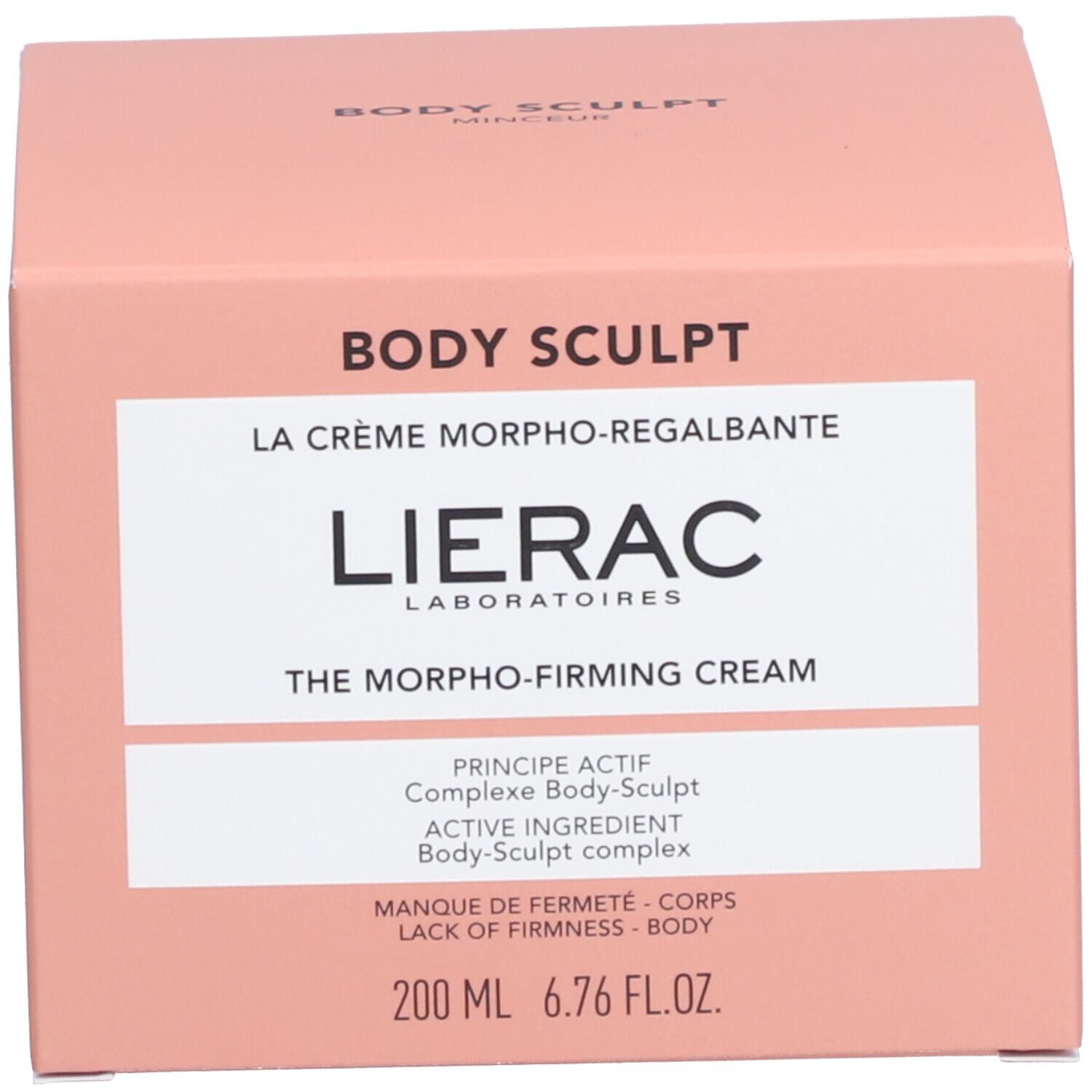 Roze doos. Opschrift: BODY SCULPT, LIERAC, LA CRÈME MORPHO-REGALBANTE, THE MORPHO-FIRMING CREAM. 200 ml.