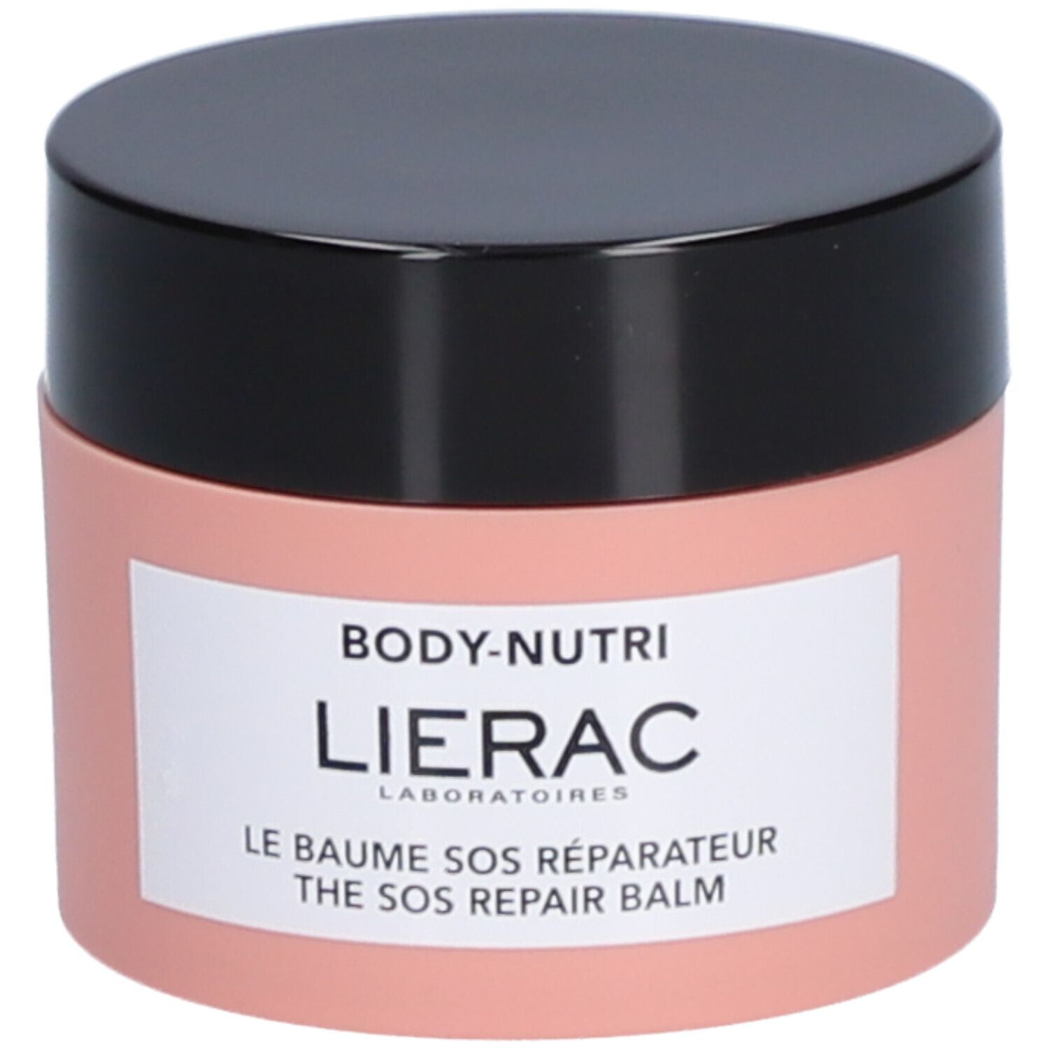 Ronde, roze pot met zwarte deksel. Wit etiket met tekst: Lierac, Body-Nutri, Le Baume SOS Réparateur.
